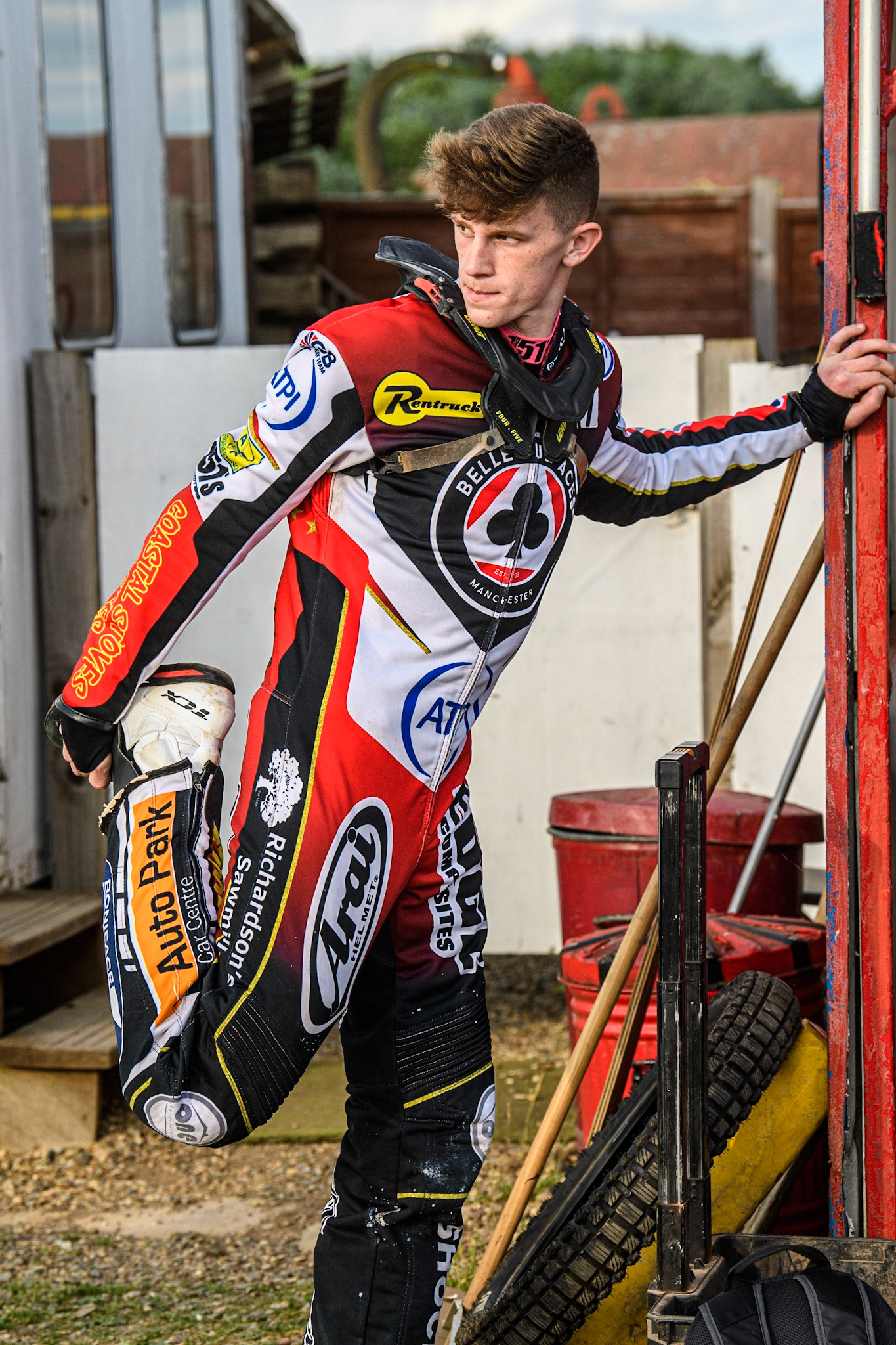 Jake Mulford  stretches before the Sports Insure Premiership match between Peterborough and Belle Vue Aces at East of England Showground, Peterborough on Monday 26th June 2023. (Photo: Ian Charles | MI News)