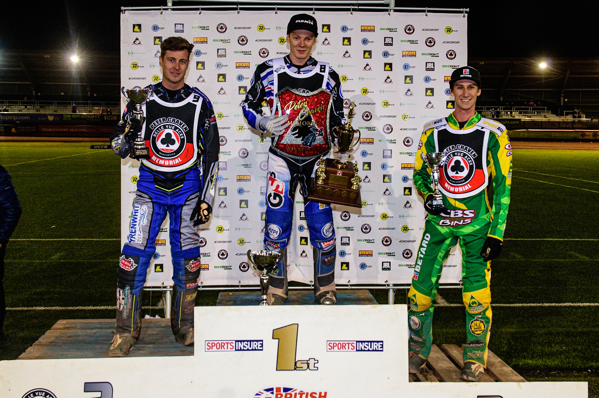 MANCHESTER, UK. OCT 23RD  Top 3: (l-r): Ryan Douglas  (2nd), Dan Bewley  (Winner) and Max Fricke  (3rd) during the Peter Craven Memorial Trophy event at the National Speedway Stadium, Manchester on Saturday 23rd October 2021. (Credit: Ian Charles | MI News)
