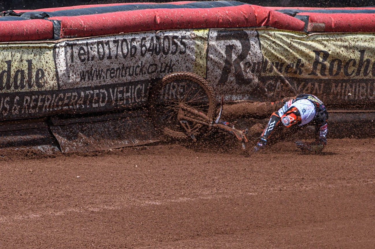 Zach Cook slides off during the Sports Insure Premiership match between Belle Vue Aces and Wolverhampton Wolves at the National Speedway Stadium, Manchester on Monday 29th May 2023. (Photo: Ian Charles | MI News)