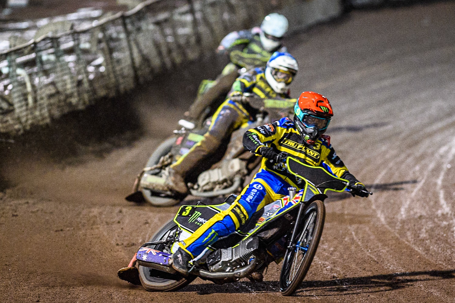Chris Holder (Red) leads  Emil Sayfutdinov (White) and Josh Pickering (Blue) during the Sports Insure Premiership Grand Final Second Leg match between Sheffield Tigers and Ipswich Witches at Owlerton Stadium, Sheffield on Thursday 5th October 2023. (Photo: Ian Charles | MI News)