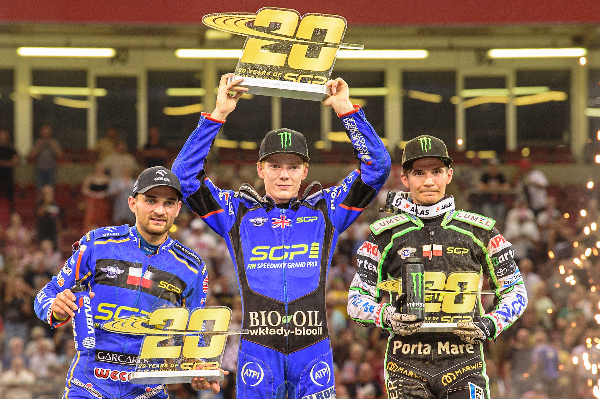 Top 3: (l - r) Bartosz Zmarzlik (95) - 2nd, Dan Bewley (99) Winner and Patryk Dudek (692) - 3rd during the FIM  Speedway Grand Prix of Great Britain at the Principality Stadium, Cardiff on Saturday 13th August 2022. (Credit: Ian Charles | MI News