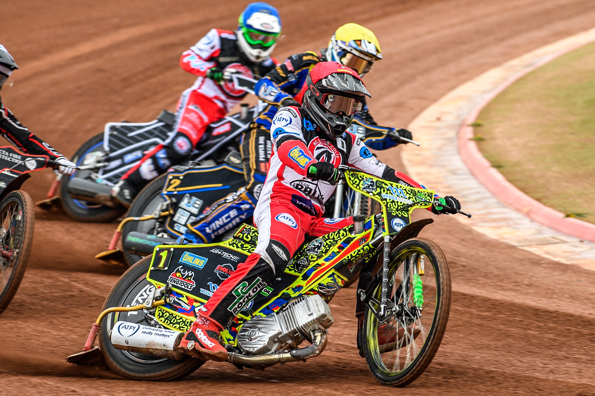 Belle Vue Colts' William Cairns in Red leading Leicester Lion Cubs' Eli Meadows  in Yellow and Belle Vue Colts' Jack Shimelt  in Blue during the WSRA National Development League match between Belle Vue Colts and Leicester Lion Cubs at the National Speedway Stadium, Manchester on Friday 18th April 2025. (Photo: Ian Charles | MI News)