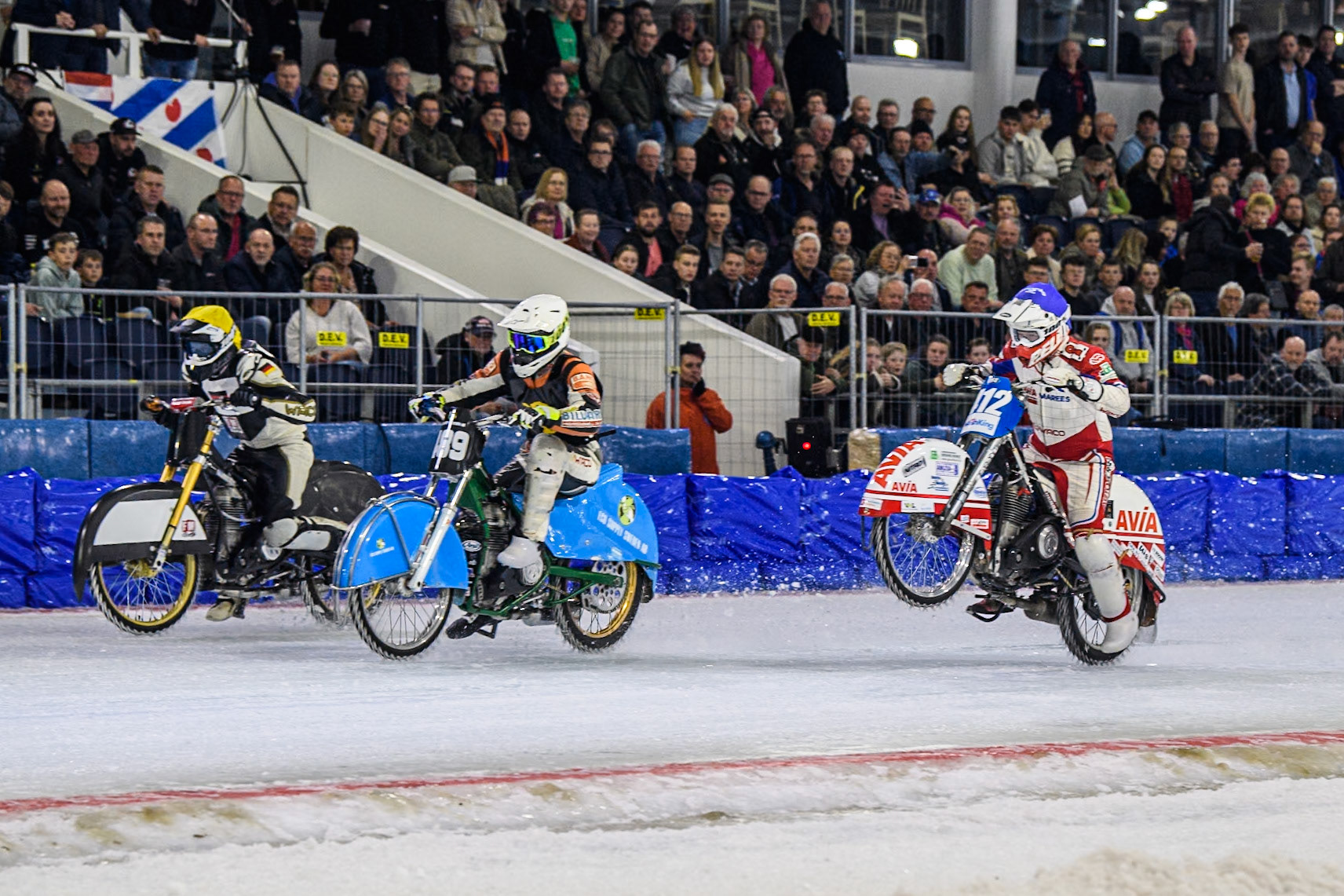 (L to R) Franz Mayerbüchler of Germany in Yellow Melwin Björklin of Sweden in White and Niek Schaap of The Netherlands in Blue during the Roelof Thijs Bokaal, Ice Rink Thialf, Heerenveen, Netherlands on Friday 4th April 2025. (Photo: Ian Charles | MI News)