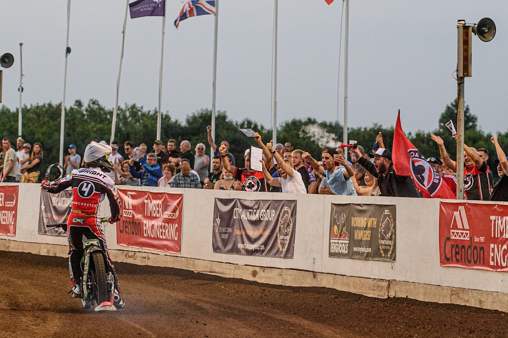 PETERBOROUGH, UK. JULY 19TH The Belle Vue fans applaud Charles Wright  after his match winning ride  during the SGB Premiership match between Peterborough and Belle Vue Aces at East of England Showground, Peterborough on Monday 19th July 2021. (Credit: Ian Charles | MI News)