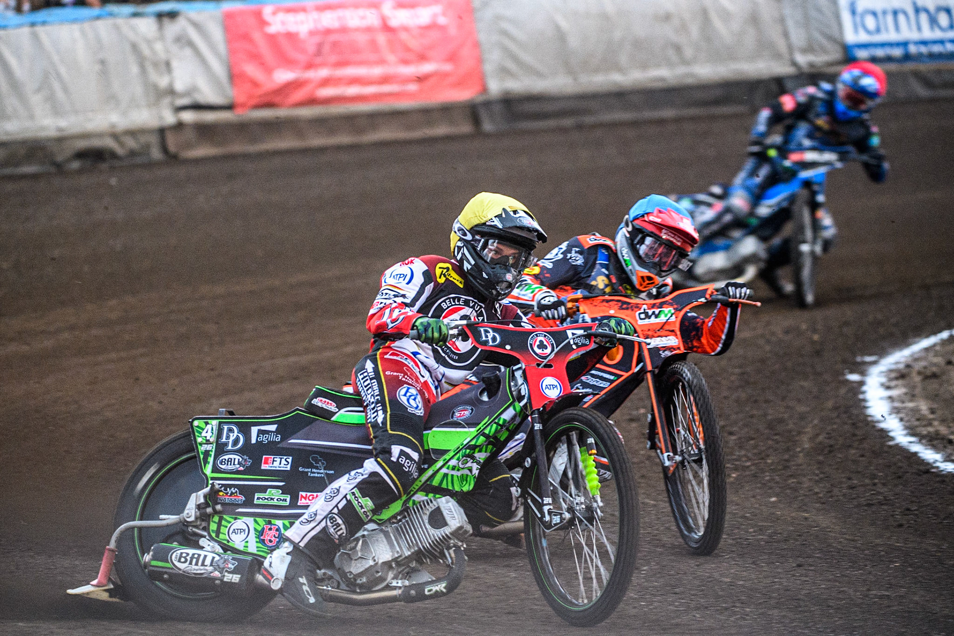 Charles Wright  (Yellow) leads  Jordan Jenkins (Blue) and Emil Breum  (Red) during the Sports Insure Premiership match between King's Lynn Stars and Belle Vue Aces at the Adrian Flux Arena, King's Lynn on Thursday 24th August 2023. (Photo: Ian Charles | MI News)