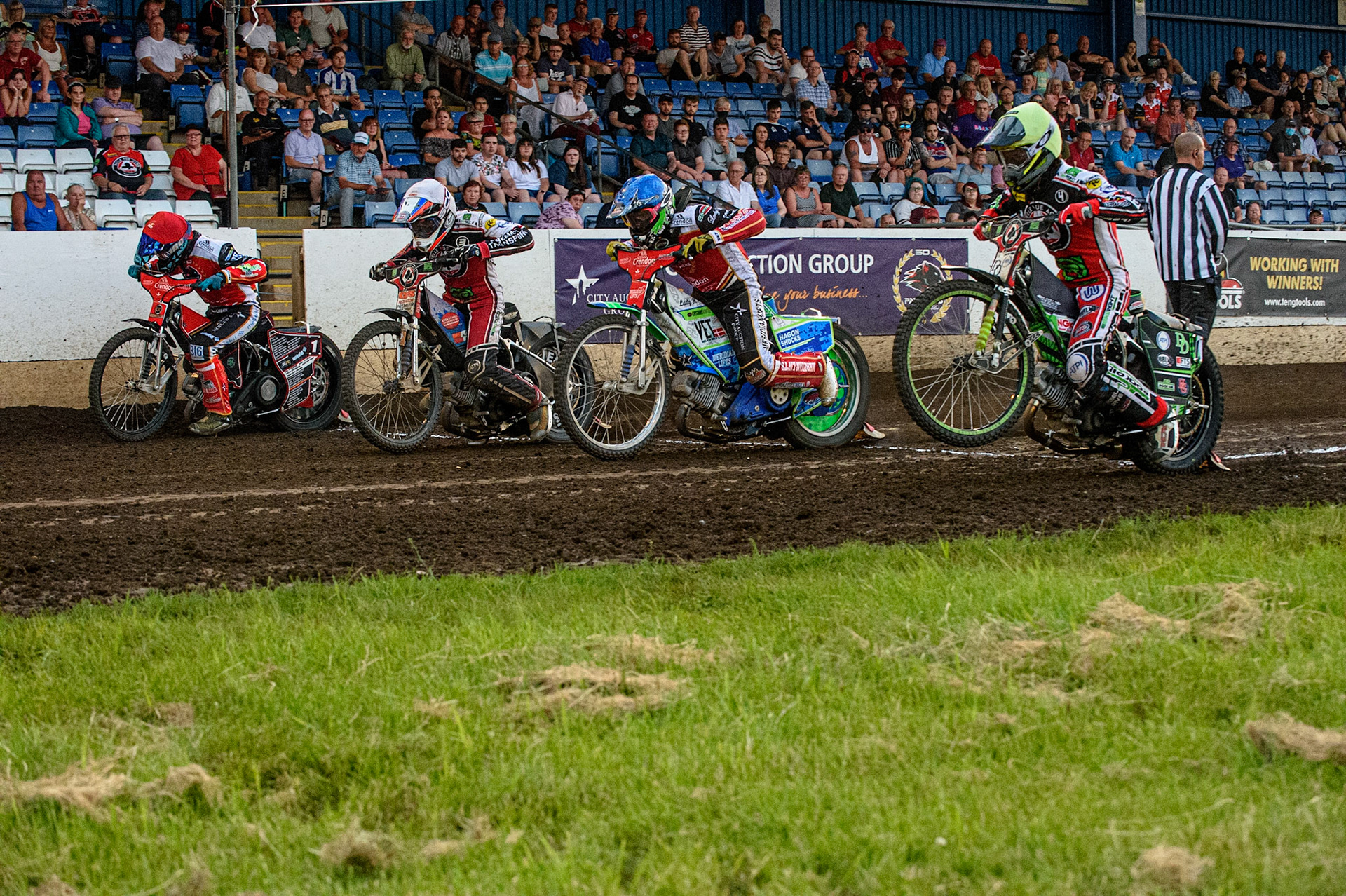 PETERBOROUGH, UK. JULY 19TH  The Start of the Heat 10 Re-Run - (l-r) Ulrich Ostergaard  (Red) Steve Worrall  (White) Hans Andersen  (Blue) and Charles Wright  (Yellow) during the SGB Premiership match between Peterborough and Belle Vue Aces at East of England Showground, Peterborough on Monday 19th July 2021. (Credit: Ian Charles | MI News)