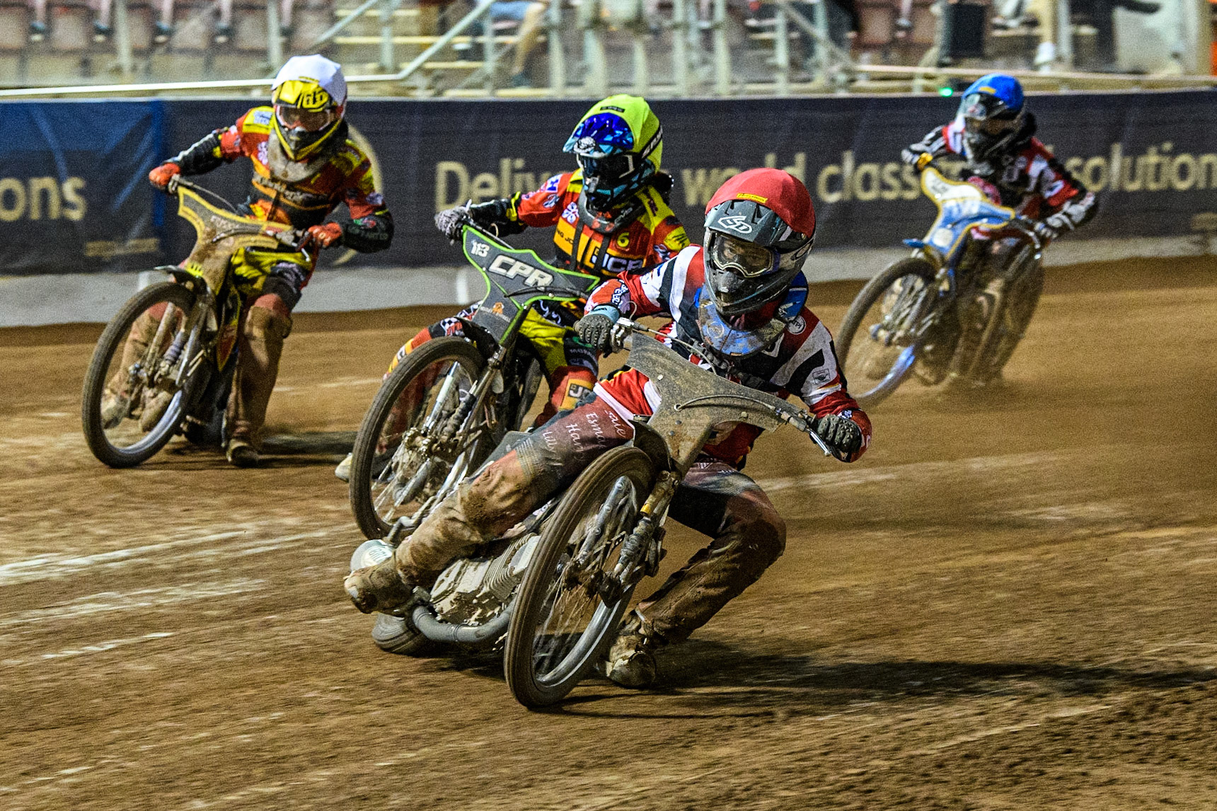 Sam McGurk (Red) leads Vinnie Foord (Yellow), Danny Phillips (White) and Jack Shimelt (Red) during the National Development League match between Belle Vue Colts and Leicester Lion Cubs at the National Speedway Stadium, Manchester on Friday 8th September 2023. (Photo: Ian Charles | MI News)
