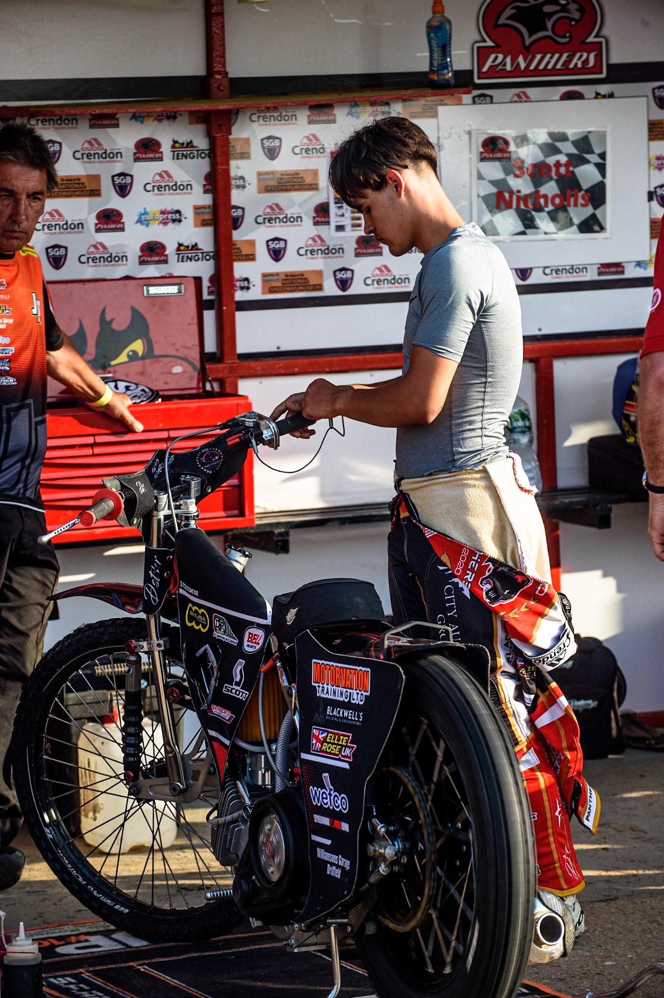 PETERBOROUGH, UK. JULY 19TH  Peterborough Crendon Panthers  rider Jordan Palin  warming up his bike during the SGB Premiership match between Peterborough and Belle Vue Aces at East of England Showground, Peterborough on Monday 19th July 2021. (Credit: Ian Charles | MI News)