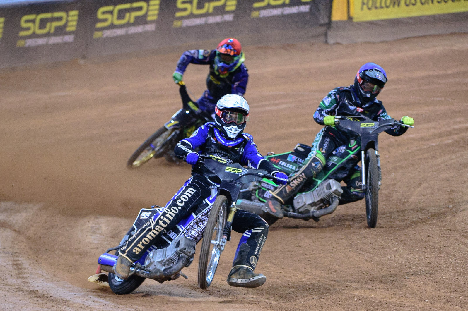 Jakub Miskowiak (Poland) (White) rears uncontrollably with Jonas Knudsen (Denmark)  (Blue) and Daniel Klima (Czech Republic) (Red) behind during the FIM  Speedway Grand Prix  2 of Great Britain at the Principality Stadium, Cardiff on Sunday 14th August 2022. (Credit: Ian Charles | MI News)