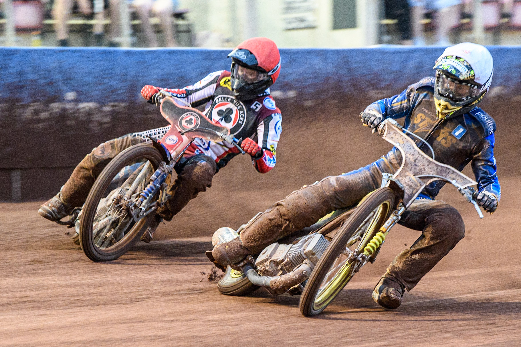 Artem Laguta (White) leads Brady Kurtz (Red) during the Sports Insure Premiership match between Belle Vue Aces and King's Lynn Stars at the National Speedway Stadium, Manchester on Monday 12th June 2023. (Photo: Ian Charles | MI News)