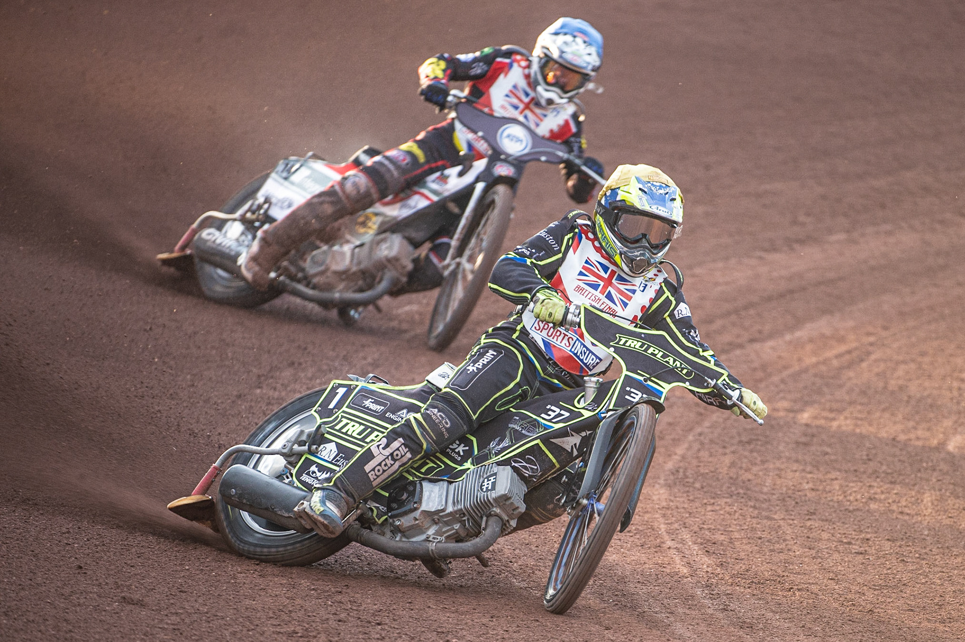 Photo: Ian Charles

Chris Harris (Yellow) leads Steve Worrall (Blue)

Sports Insure British Final,  Belle Vue National Speedway Stadium, Manchester Monday 29  July  2019