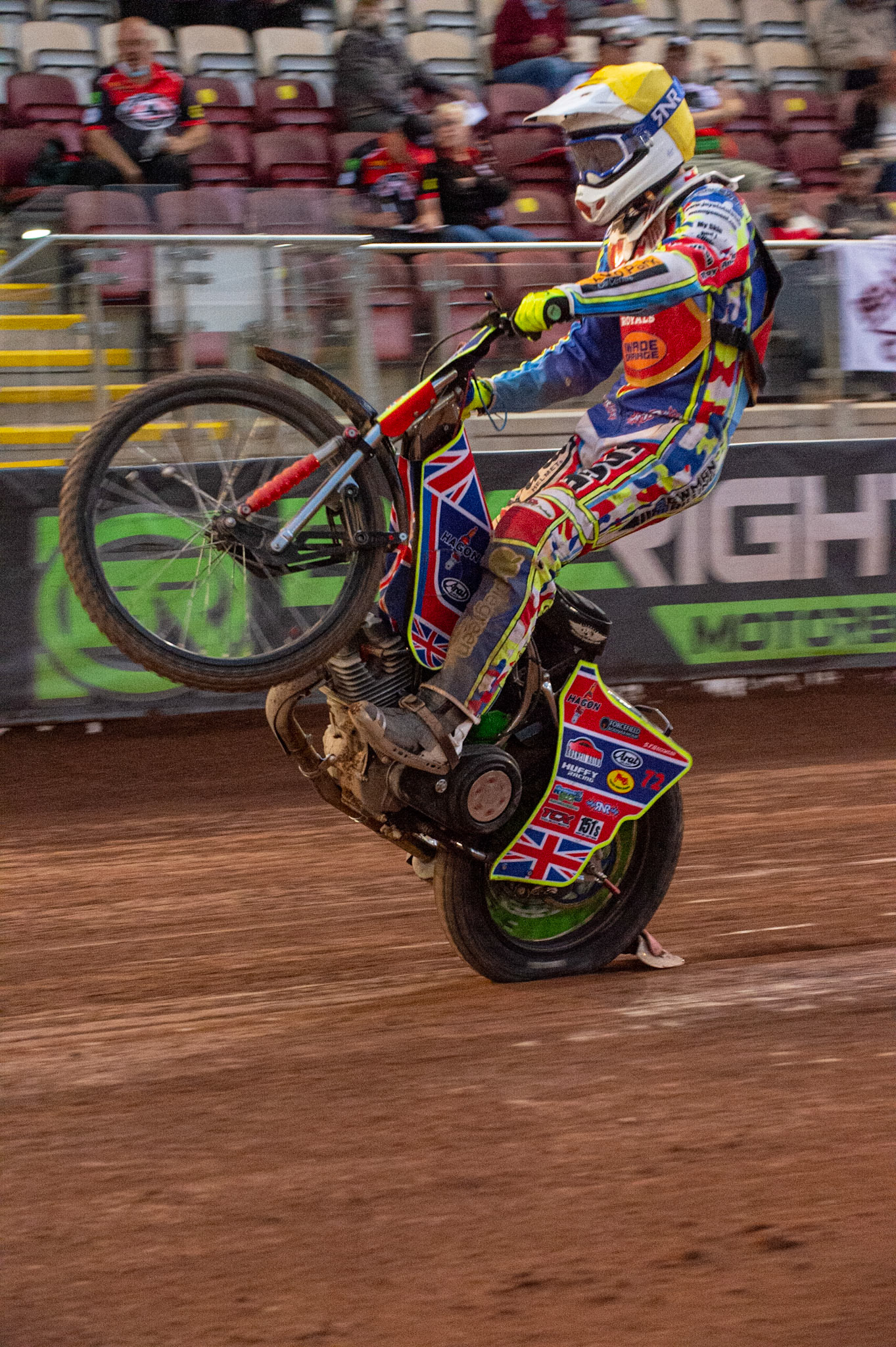MANCHESTER, UK. JULY 2ND  Jake Mulford  celebrates with a wheelie during the National Development League match between Belle Vue Colts and Kent Royals at the National Speedway Stadium, Manchester on Friday 2nd July 2021. (Credit: Ian Charles | MI News)