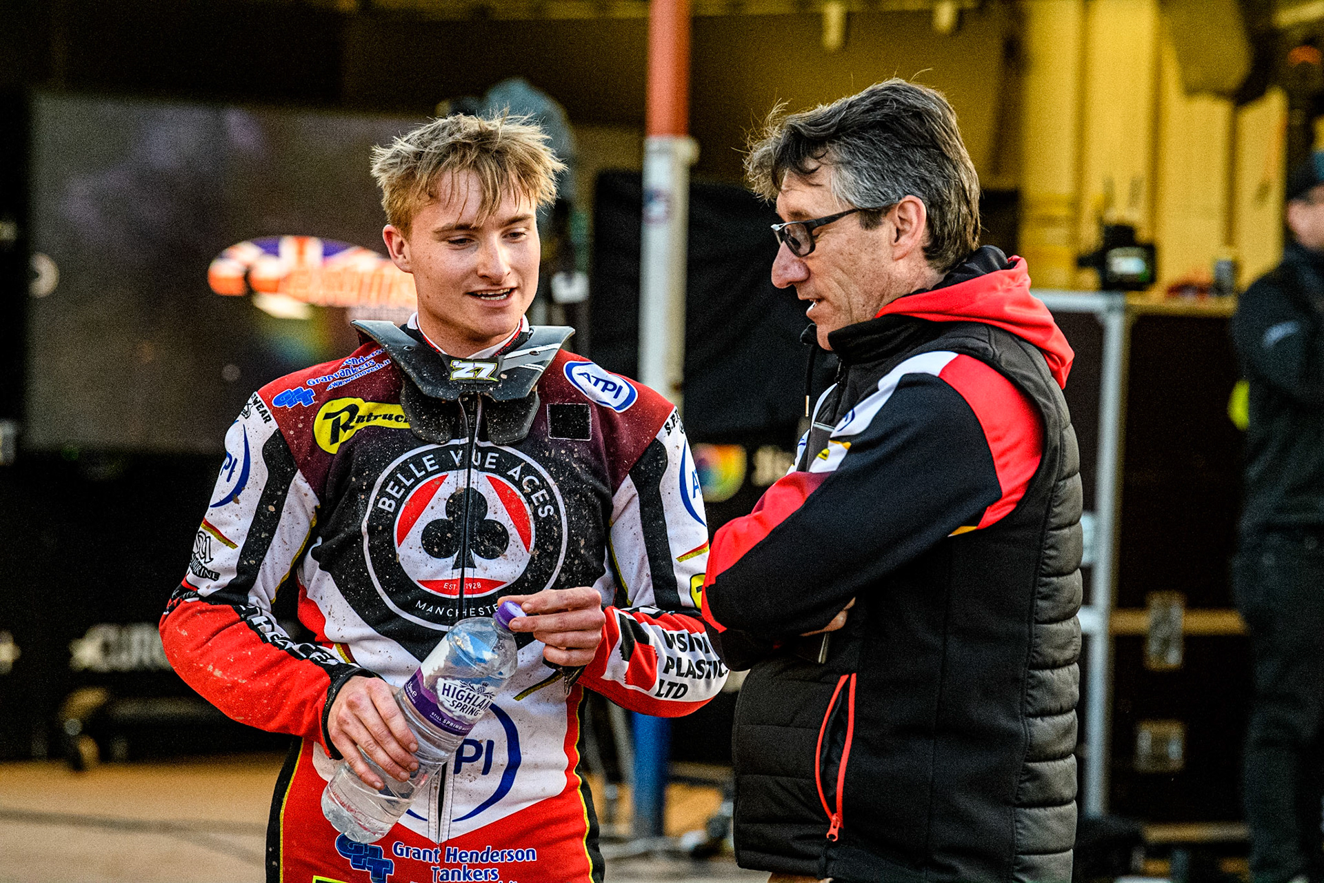 Tom Brennan (left) chats with Belle Vue ATPI Aces Team Manager Mark Lemon  during the Sports Insure Premiership match between Wolverhampton Wolves and Belle Vue Aces at Monmore Green Stadium, Wolverhampton on Monday 29th May 2023. (Photo: Ian Charles | MI News)