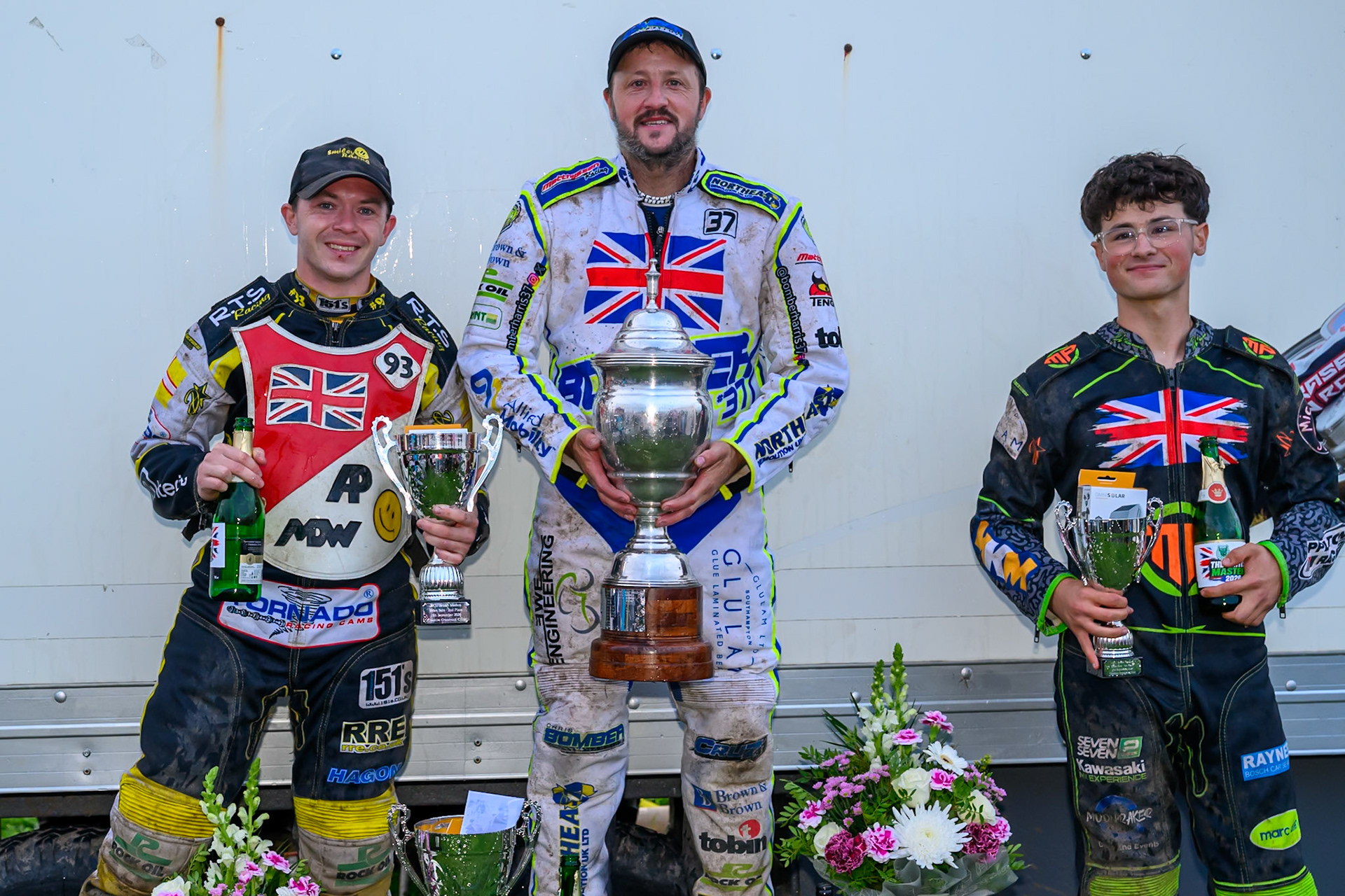 British Masters (Solos) top 3: (L to R)  James Shanes (93)  (2nd), Chris Harris (37)  1st, Max Perry (5)  (3rd) during the British Masters Grasstrack Championship at Lower Marsh Farm, Much Hoole, Preston in Lancashire, England on Sunday 13th September 2026. (Photo: Ian Charles | MI News)