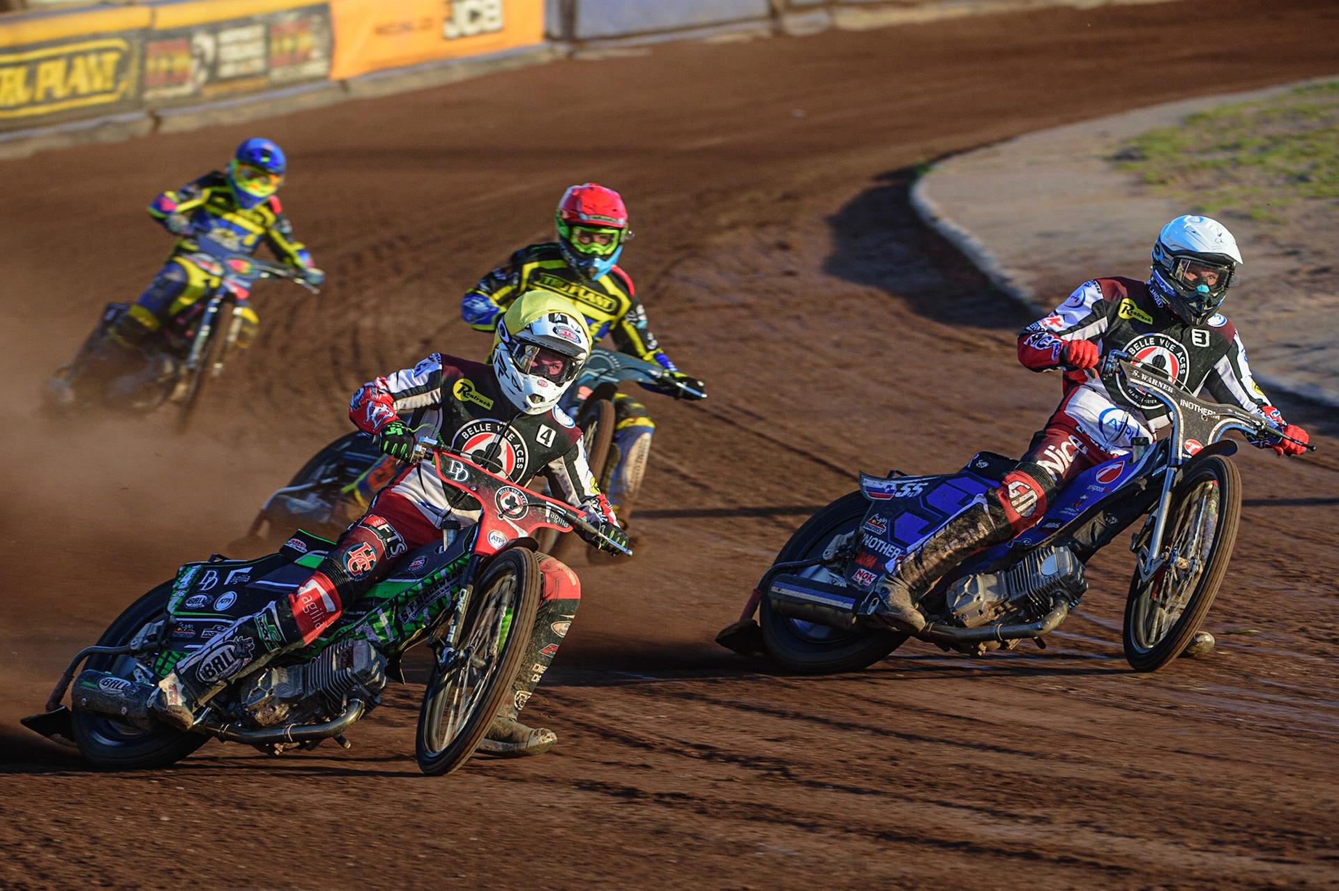 SHEFFIELD, UK. MAY 26TH  Charles Wright  (Yellow) and Matej Žagar  (White) lead Adam Ellis  (Red) and Stefan Nielsen  (Blue) during the SGB Premiership match between Sheffield Tigers and Belle Vue Aces at Owlerton Stadium, Sheffield on Thursday 26th May 2022. (Credit: Ian Charles | MI News)