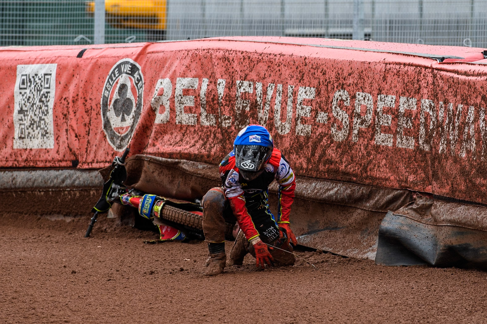 Belle Vue Aces' Tate Zischke  picks himself up after his heat 7 crash during the Rowe Motor Oil Premiership match between Belle Vue Aces and Ipswich Witches at the National Speedway Stadium, Manchester on Monday 1st July 2024. (Photo: Ian Charles | MI News)