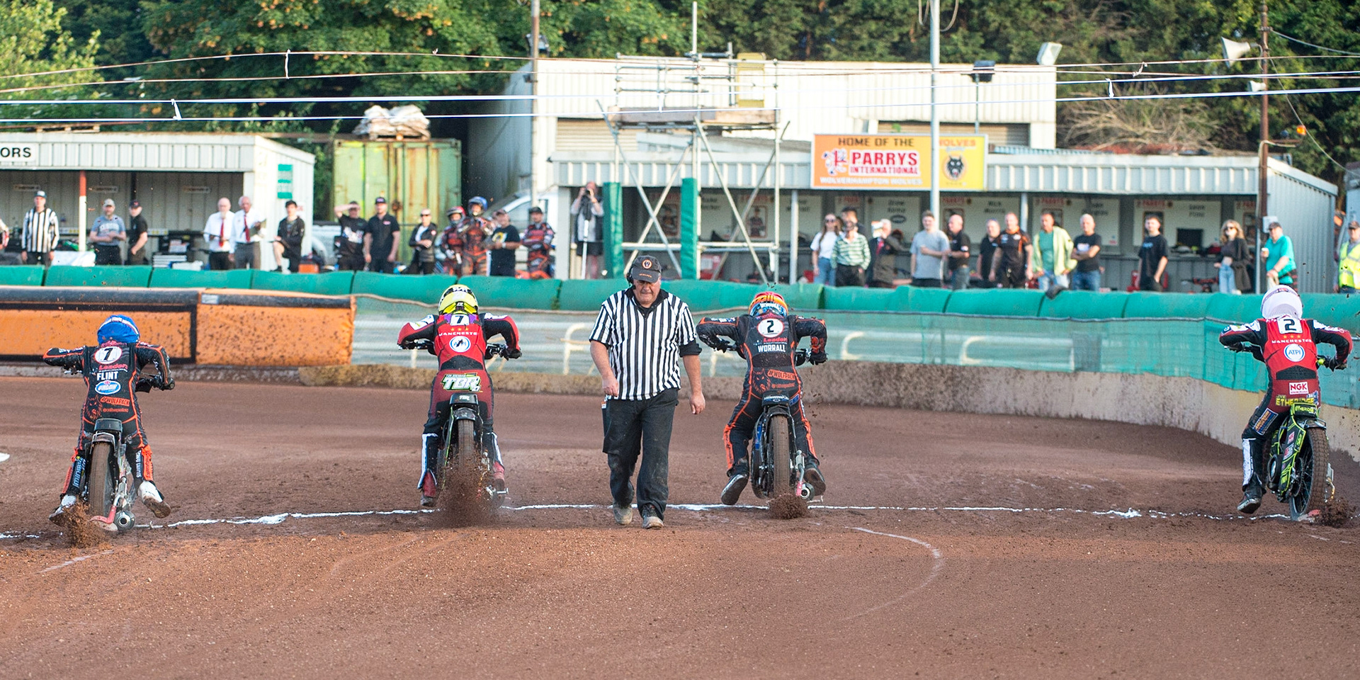 WOLVERHAMPTON, UK. JUN 20TH Heat 8 Start (l - r) Leon Flint  (Blue), Tom Brennan  (Yellow), Steve Worrall  (Red) and Jye Etheridge  (White) during the SGB Premiership match between Wolverhampton Wolves and Belle Vue Aces at Monmore Green Stadium, Wolverhampton on Monday 20th June 2022. (Credit: Ian Charles | MI News)