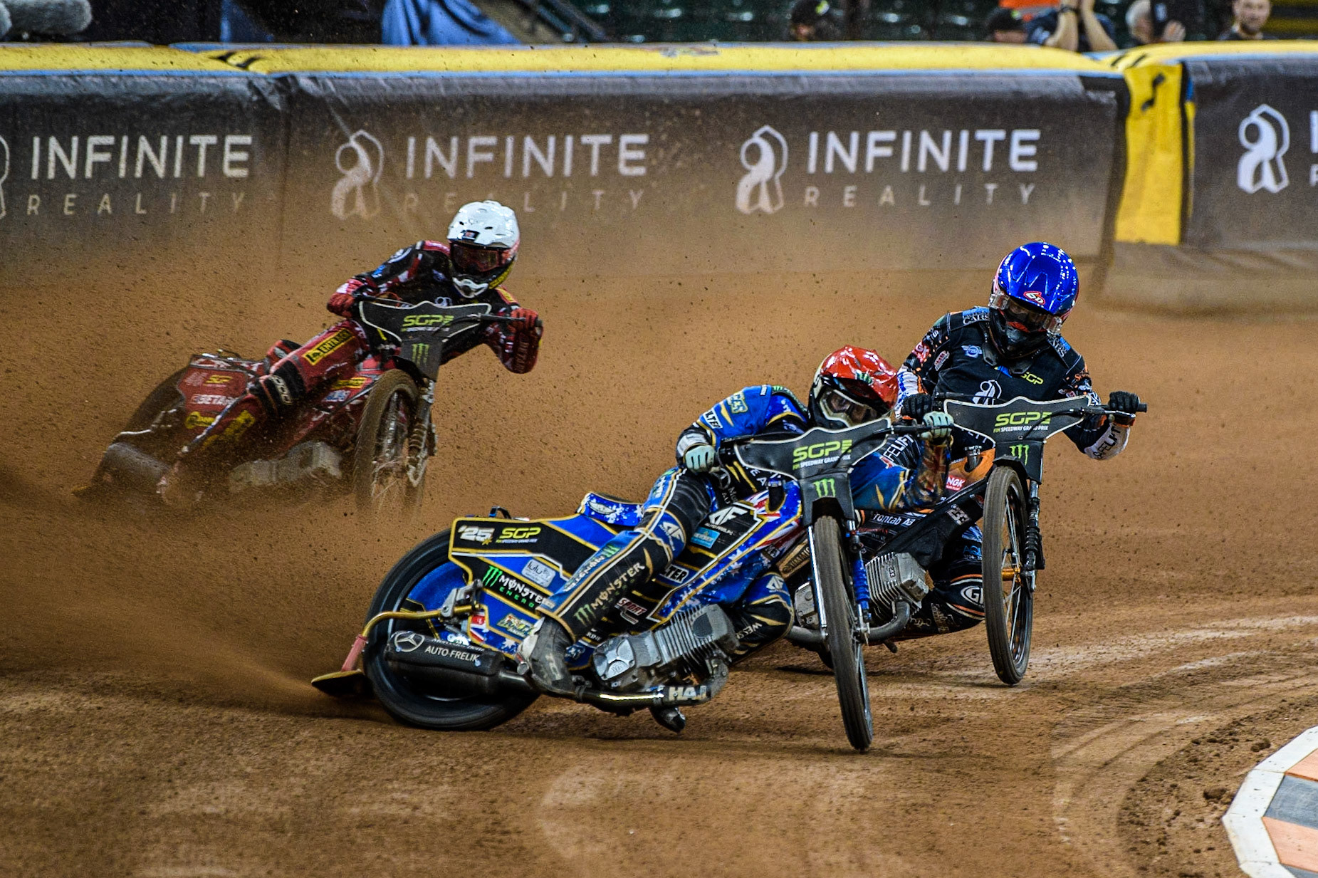 Jack Holder (25) leads  Kim Nilsson (233) (Blue) and Max Fricke (46) (White) in Semi Final 1 during the FIM Speedway Grand Prix of Great Britain at the Principality Stadium, Cardiff on Saturday 2nd September 2023. (Photo: Ian Charles | MI News)