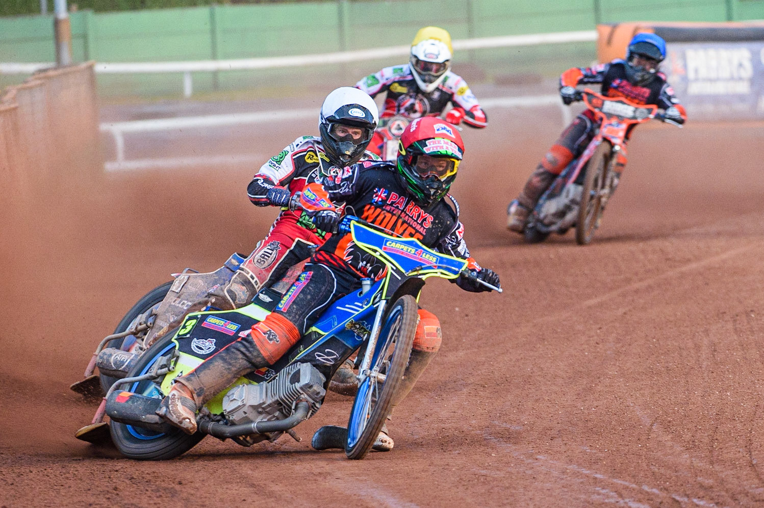 WOLVERHAMPTON, UK. JULY 26TH Nick Morris  (Red) leads Brady Kurtz  (White) and Richie Worrall  (Yellow) during the SGB Premiership match between Wolverhampton Wolves and Belle Vue Aces at the Ladbroke Stadium, Wolverhampton on Monday 26th July 2021. (Credit: Ian Charles | MI News)