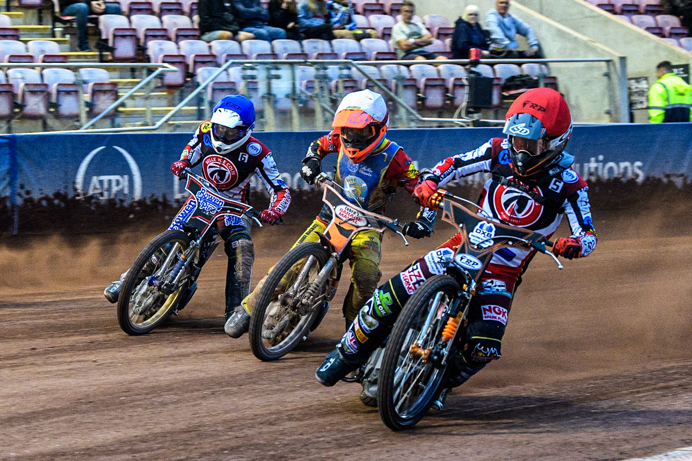 Jack Smith (Red) inside Connor Coles (White) and Paul Bowen (Blue) during the National Development League match between Belle Vue Colts and Edinburgh Monarchs Academy at the National Speedway Stadium, Manchester on Friday 21st July 2023. (Photo: Ian Charles | MI News)