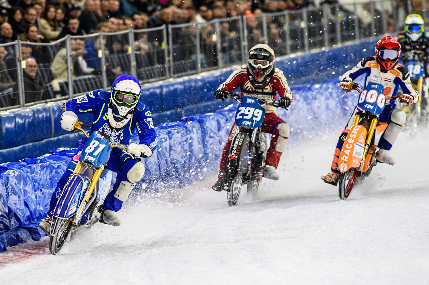 Jimmy Olsén (81) of Sweden in Blue leading Martin Posch (299) of Austria \in White and Jasper Iwema (800) of The Netherlands in Red during the FIM Ice Speedway Gladiators World Championship, Final 3 at the Ice Stadium, Thialf, Heerenveen on Saturday 5th April 2025. (Photo: Ian Charles | MI News)