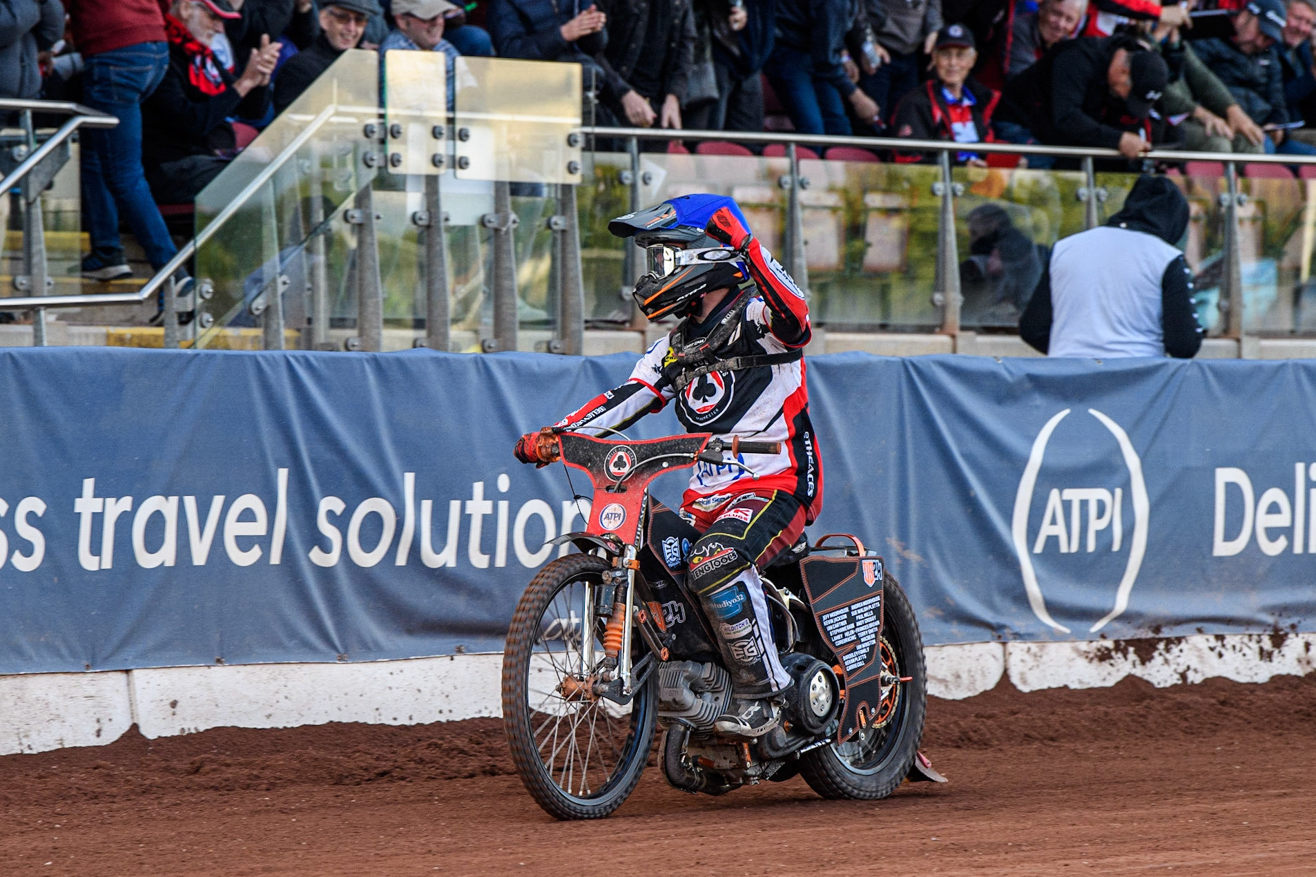 Jack Smith celebrates his hard fought second place in Heat 8 during the Sports Insure Premiership match between Belle Vue Aces and Wolverhampton Wolves at the National Speedway Stadium, Manchester on Monday 3rd July 2023. (Photo: Ian Charles | MI News)