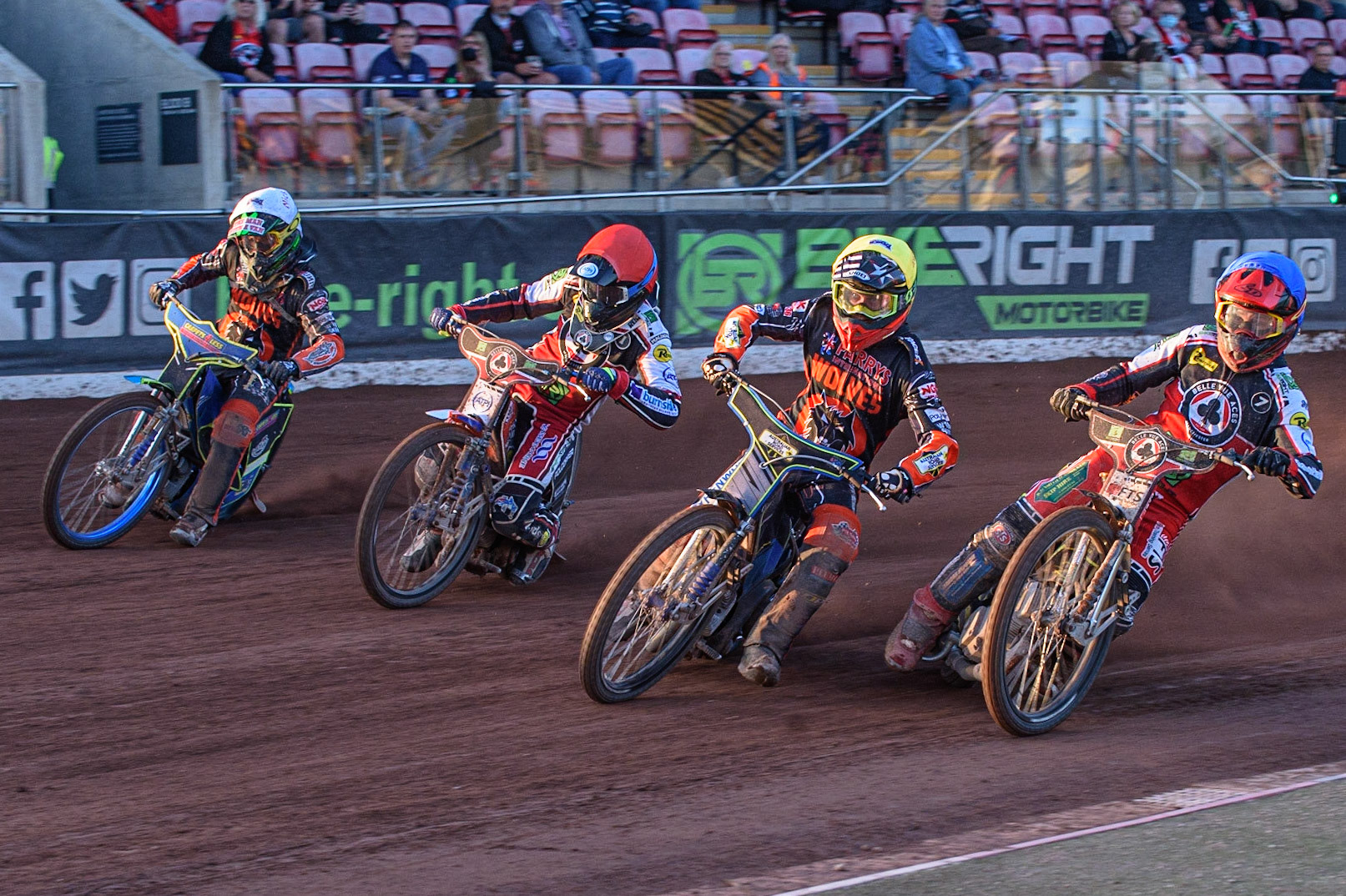 MANCHESTER, UK. JULY 15TH   Jye Etheridge  (Blue) inside Ryan Douglas (Yellow), Brady Kurtz (Red) and Nick Morris  (White) during the SGB Premiership match between Belle Vue Aces and Wolverhampton Wolves at the National Speedway Stadium, Manchester on Thursday 15th July 2021. (Credit: Ian Charles | MI News)