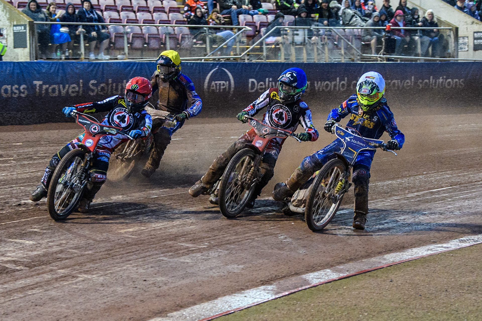 Jaimon Lidsey (Red) leads  Charles Wright (Blue), Michael Palm Toft (White) and Simon Lambert (Yellow) during the Sports Insure Premiership match between Belle Vue Aces and King's Lynn Stars at the National Speedway Stadium, Manchester on Monday 21st August 2023. (Photo: Ian Charles | MI News)