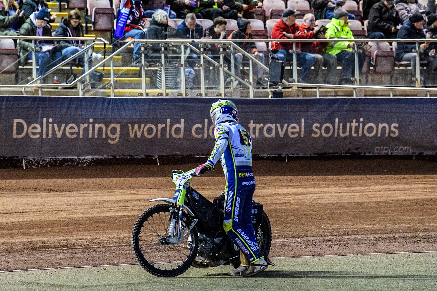 Oxford Spires' Maciej Janowski after his engine failure waits for the heat to end during the Rowe Motor Oil Premiership match between Belle Vue Aces and Oxford Spires at the National Speedway Stadium, Manchester on Monday 14th April 2025. (Photo: Ian Charles | MI News)