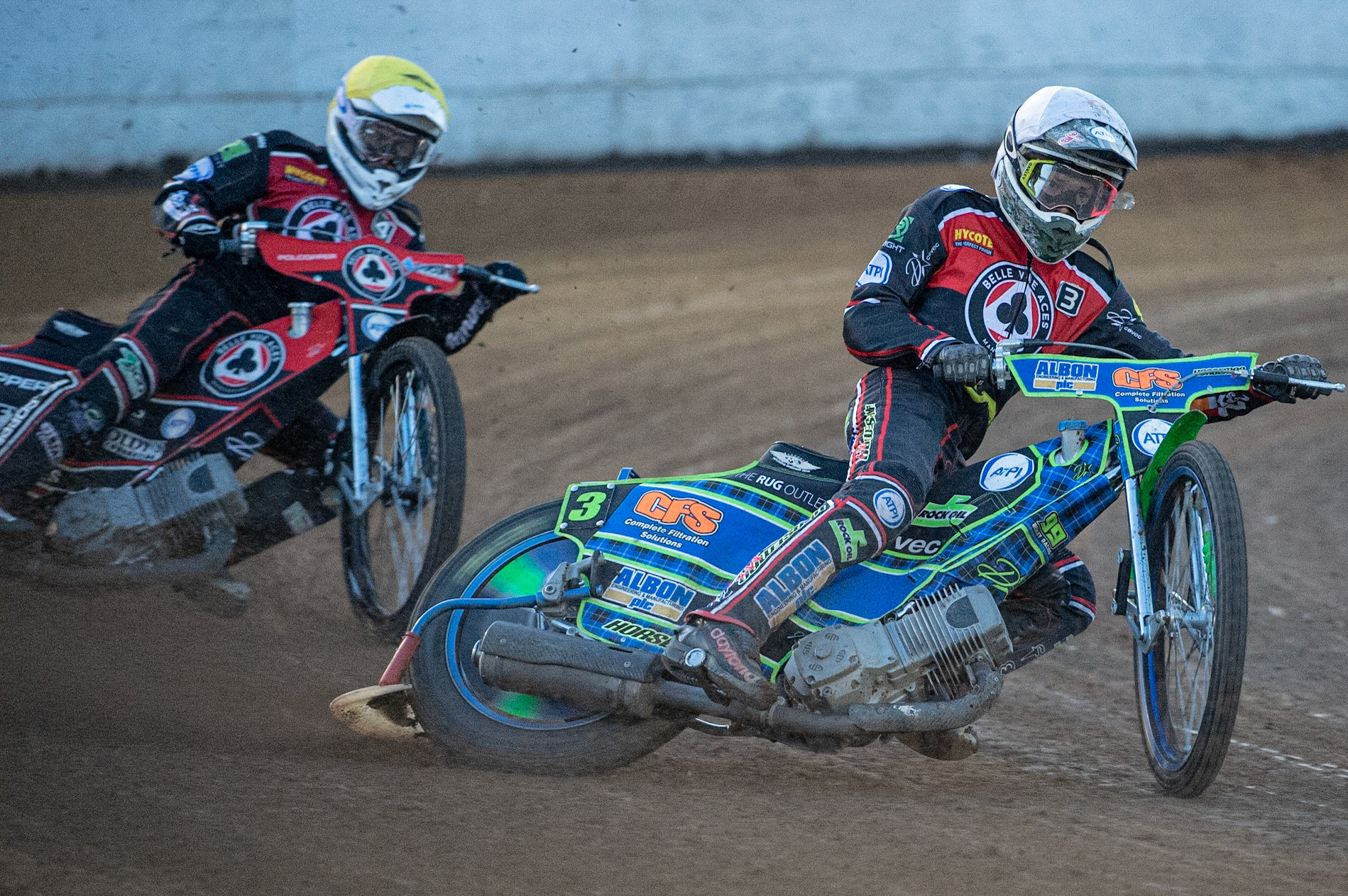 Photo by Ian Charles:

Dan Bewley  (White) leads team mate Jaimon Lidsey  (Yellow)

Peterborough Panthers v Belle Vue Aces, British Speedway Premiership, Thursday, 5, September, 2019