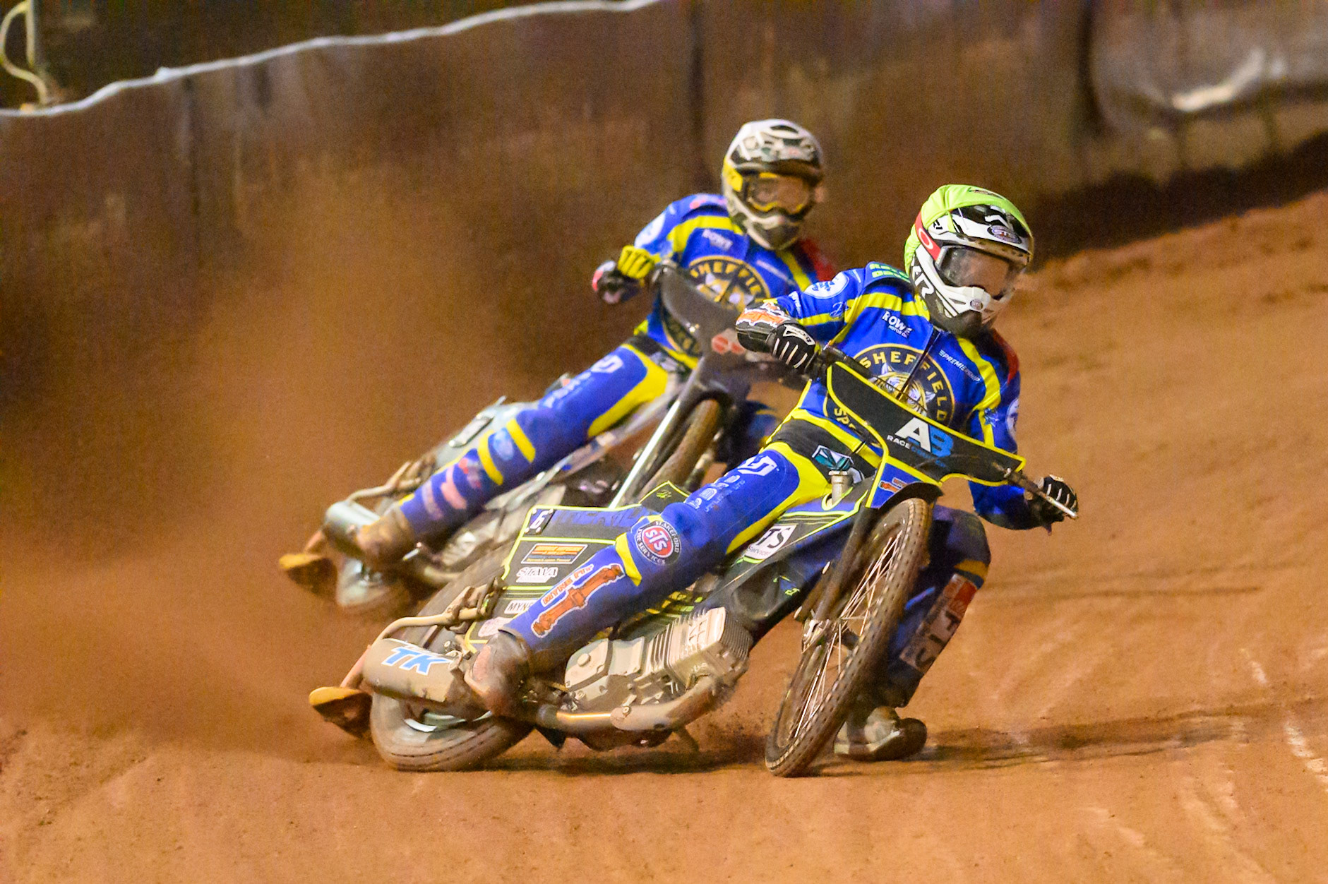 Jye Etheridge of Sheffield Tigers  in Yellow leading st5\ in White during the Knockout Cup, Northern Section match between Belle Vue Aces and Sheffield Tigers at the National Speedway Stadium, Manchester on Monday 30th March 2026. (Photo: Ian Charles | MI News)