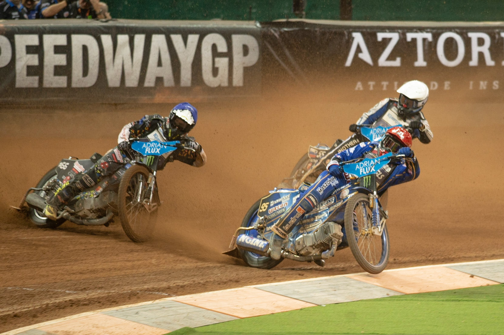 CARDIFF,WALES Emil Saijfutdinov (Red) inside Fredrik Lindgren (Blue) with Matej Zagar (White) chasing in Semi Final 2  during the ADRIAN FLUX BRITISH FIM SPEEDWAY GRAND PRIX at the Principality Stadium, Cardiff on Saturday 21st September 2019. (Credit: Ian Charles | MI News)