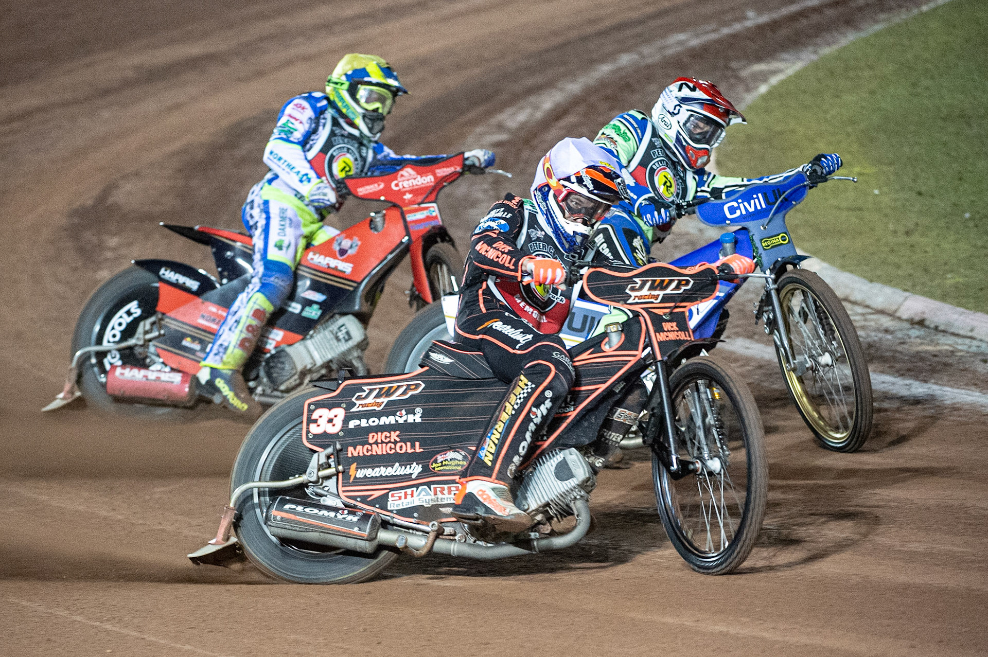 Photo: Ian CharlesSam Masters (White) outside Richie Worrall (Red) with Chris Harris (Yellow) behind Peter Craven Memorial Trophy, National Speedway Stadium, Manchester Thursday  22  October  2020