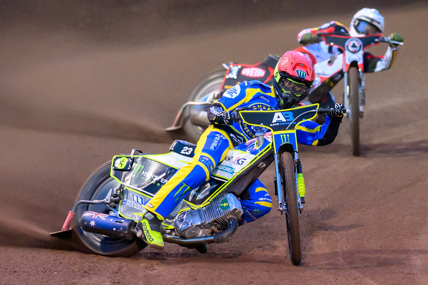 Chris Holder of Sheffield Tigers in Red leading Peter Kildemand of Belle Vue Aces in White during the Knockout Cup Northern Section match between Sheffield Tigers and Belle Vue Aces at Owlerton Stadium, Sheffield on Thursday 2nd April 2026. (Photo: Ian Charles | MI News)