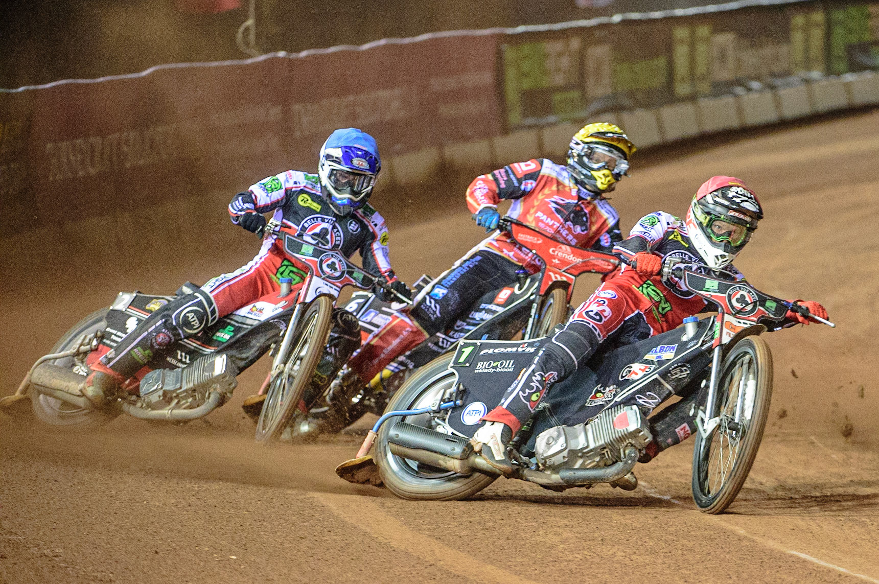 MANCHESTER, UK. OCT 11TH  Dan Bewley  (Red) leads Richie Worrall  (Blue) and \Bjarne Pedersen  (Yellow) during the SGB Premiership Grand Final 1st Leg between Belle Vue Aces and Peterborough Panthers at the National Speedway Stadium, Manchester on Monday 11th October 2021. (Credit: Ian Charles | MI News)
