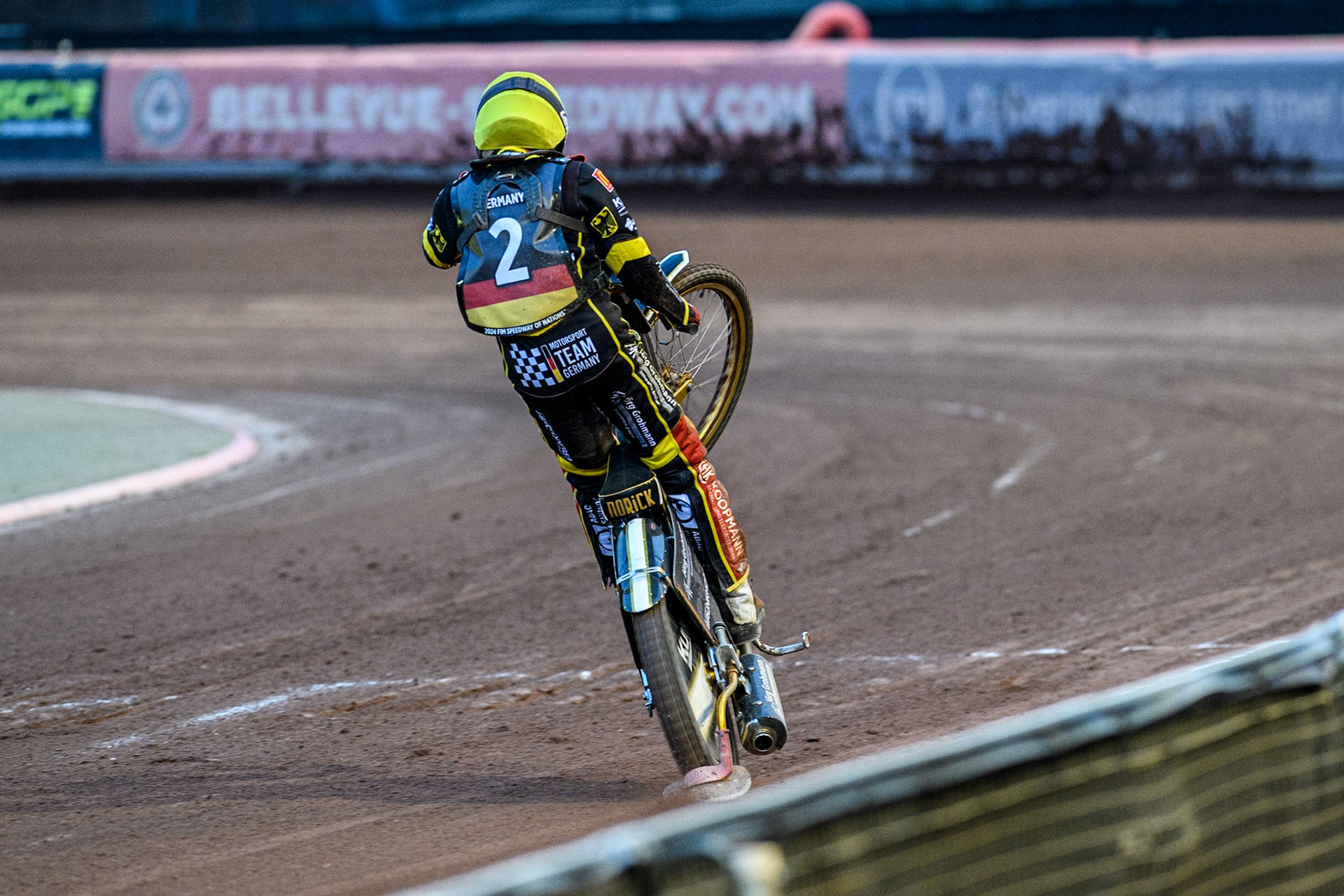 Norick Blödorn of Germany celebrates with a wheelie during the Monster Energy FIM Speedway of Nations Semi-Final 1 at the National Speedway Stadium, Manchester on Tuesday 9th July 2024. (Photo: Ian Charles | MI News)