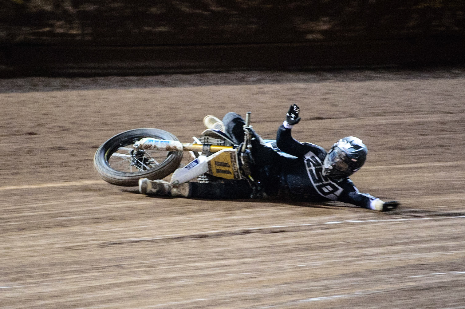 MANCHESTER, UK. OCT 30TH   Gary Birtwistle (11) falls during the Manchester Masters Sidecar Speedway and Flat Track Racing at the National Speedway Stadium, Manchester on Saturday 30th October 2021. (Credit: Ian Charles | MI News)