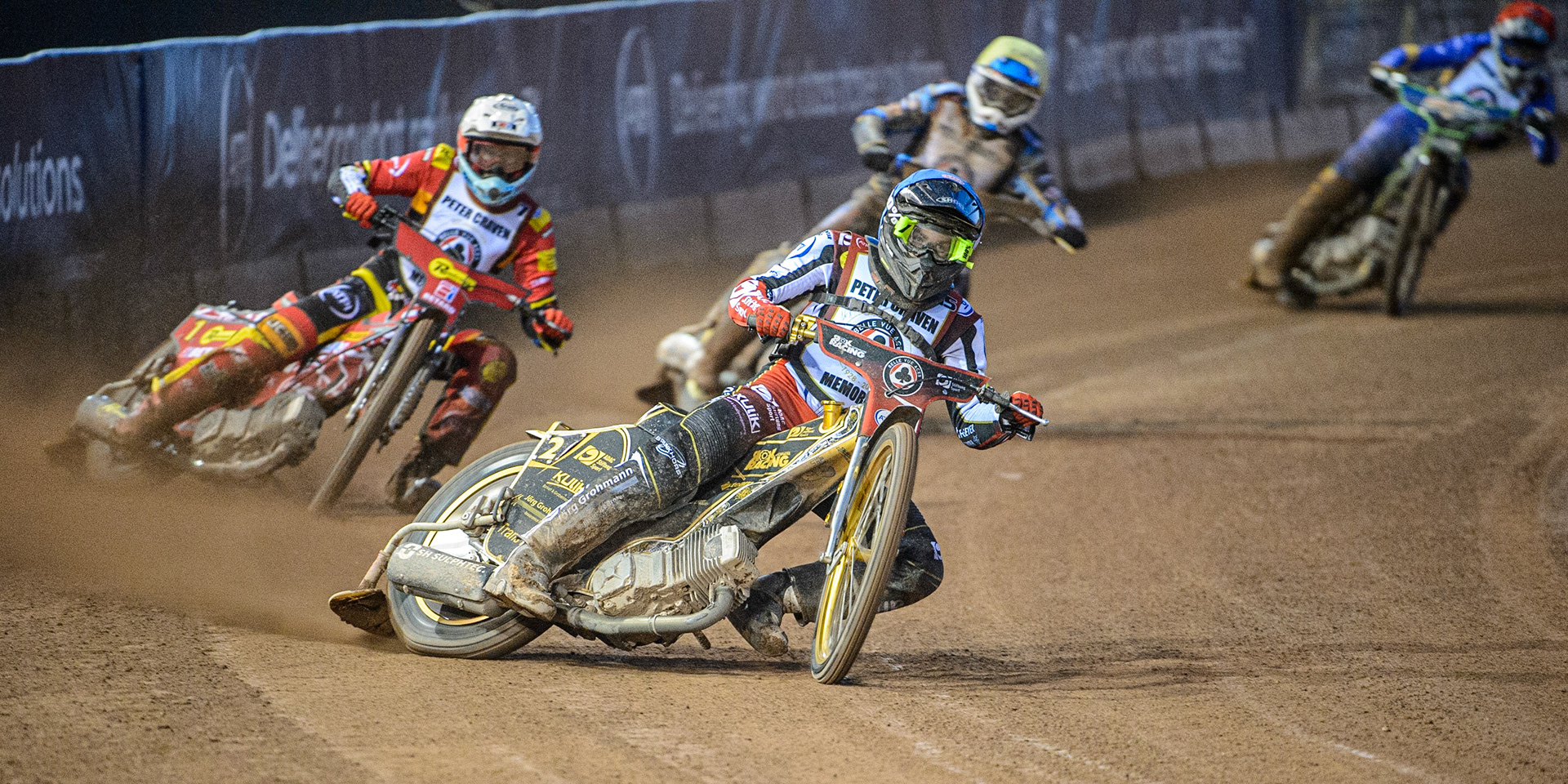 Norick Blodorn  (Blue) leads Max Fricke  (White)Justin Sedgmen  (Yellow) and Kye Thompson  (Red) during the Peter Craven Memorial Trophy  at the National Speedway Stadium, Manchester on Monday 3rd April 2023. (Photo: Ian Charles | MI News)