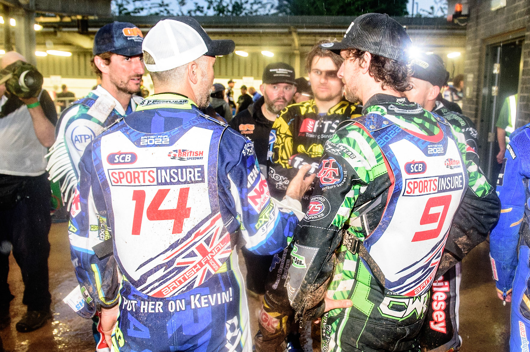Riders in the pits discuss the situation during the Sports Insure British Speedway Championship Final at the National Speedway Stadium, Bellevue, Manchester, England on Monday 1st August 2022. (Photo by: Ian Charles | MI News)