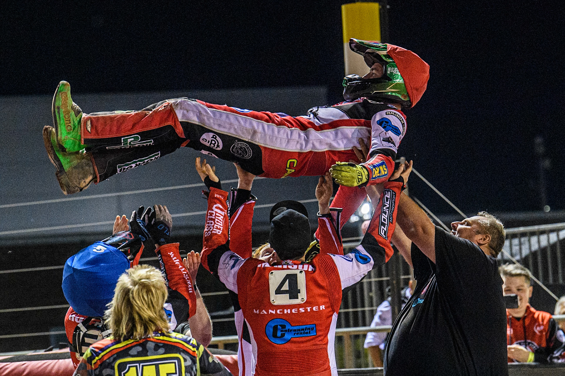 Belle Vue Colts' William Cairns bets the bumps from his team mates after his first maximum score for the Colts during the WSRA National Development League match between Belle Vue Aces and Edinburgh Monarchs at the National Speedway Stadium, Manchester on Friday 30th August 2024. (Photo: Ian Charles | MI News)