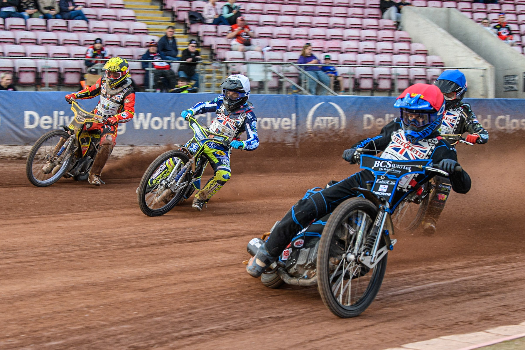 500cc Final: Ashton Boughen (Red) leads Jody Scott (White), Max James  (Yellow) with Ashton Vale (Blue) behind during the British Youth Speedway Championships at the National Speedway Stadium, Manchester on Friday 21st July 2023. (Photo: Ian Charles | MI News)