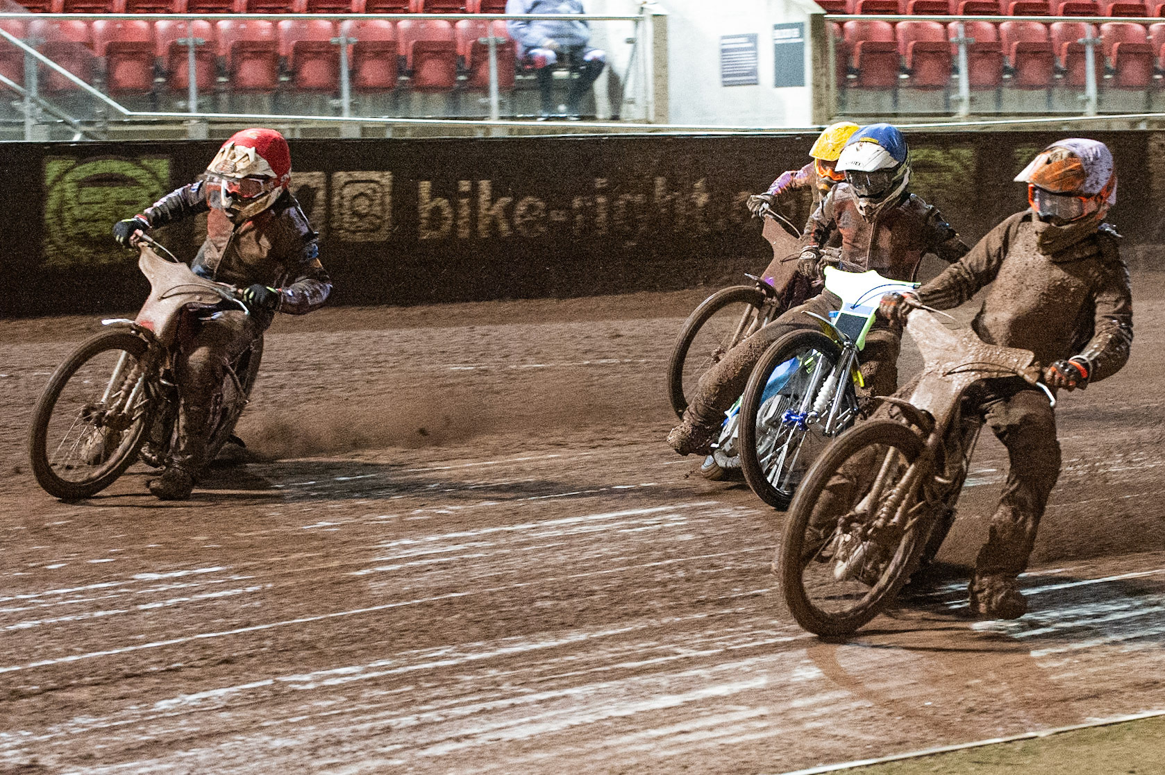Photo: Ian Charles

Jason Edwards  (White) inside Danny Phillips  (Red) with Ben Rathbone  (Blue) and Elliot Kelly  (Yellow) behind

Belle Vue Colts v Mildenhall Fen Tigers, National League, Belle Vue National Speedway Stadium, Manchester, Monday 2  September  2019