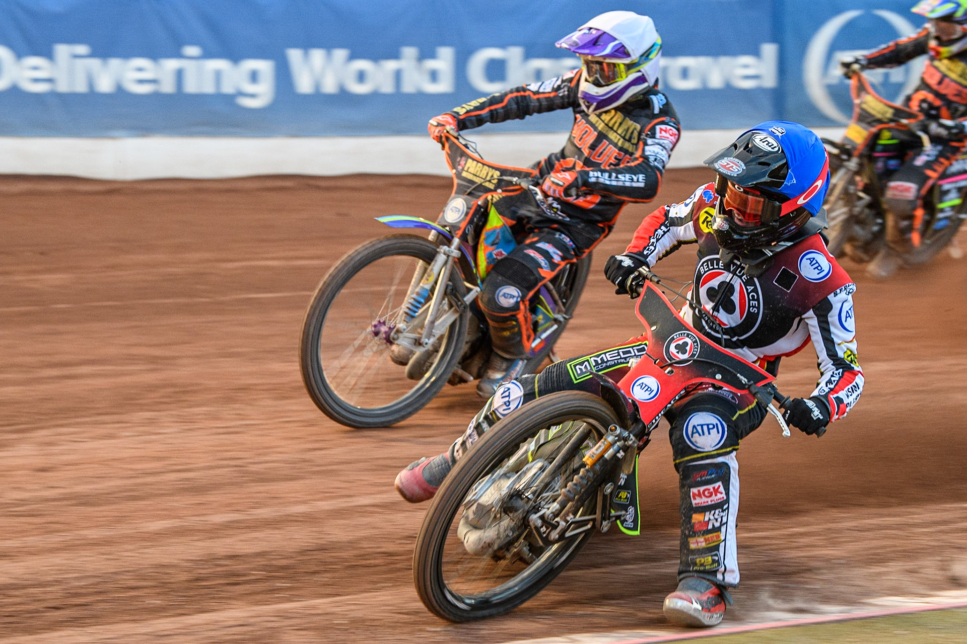 Tom Brennan (Blue) inside Rory Schlein (White) behind during the Sports Insure Premiership match between Belle Vue Aces and Wolverhampton Wolves at the National Speedway Stadium, Manchester on Monday 3rd July 2023. (Photo: Ian Charles | MI News)