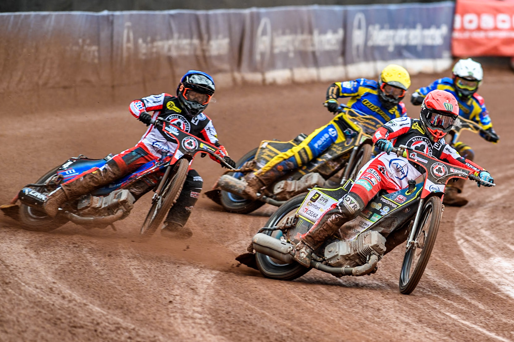 Belle Vue ATPI Aces Jaimon Lidsey (Red) leads  Belle Vue ATPI Aces team mate Ben Cook (Blue) with Sheffield Tigers' Kyle Howarth (Yellow) and Sheffield Tigers' Jack Holder (White) behind during the Rowe Motor Oil Premiership KO Cup Quarter Final 1st Leg between Belle Vue Aces and Sheffield Tigers at the National Speedway Stadium, Manchester on Monday 1st April 2024. (Photo: Ian Charles | MI News)