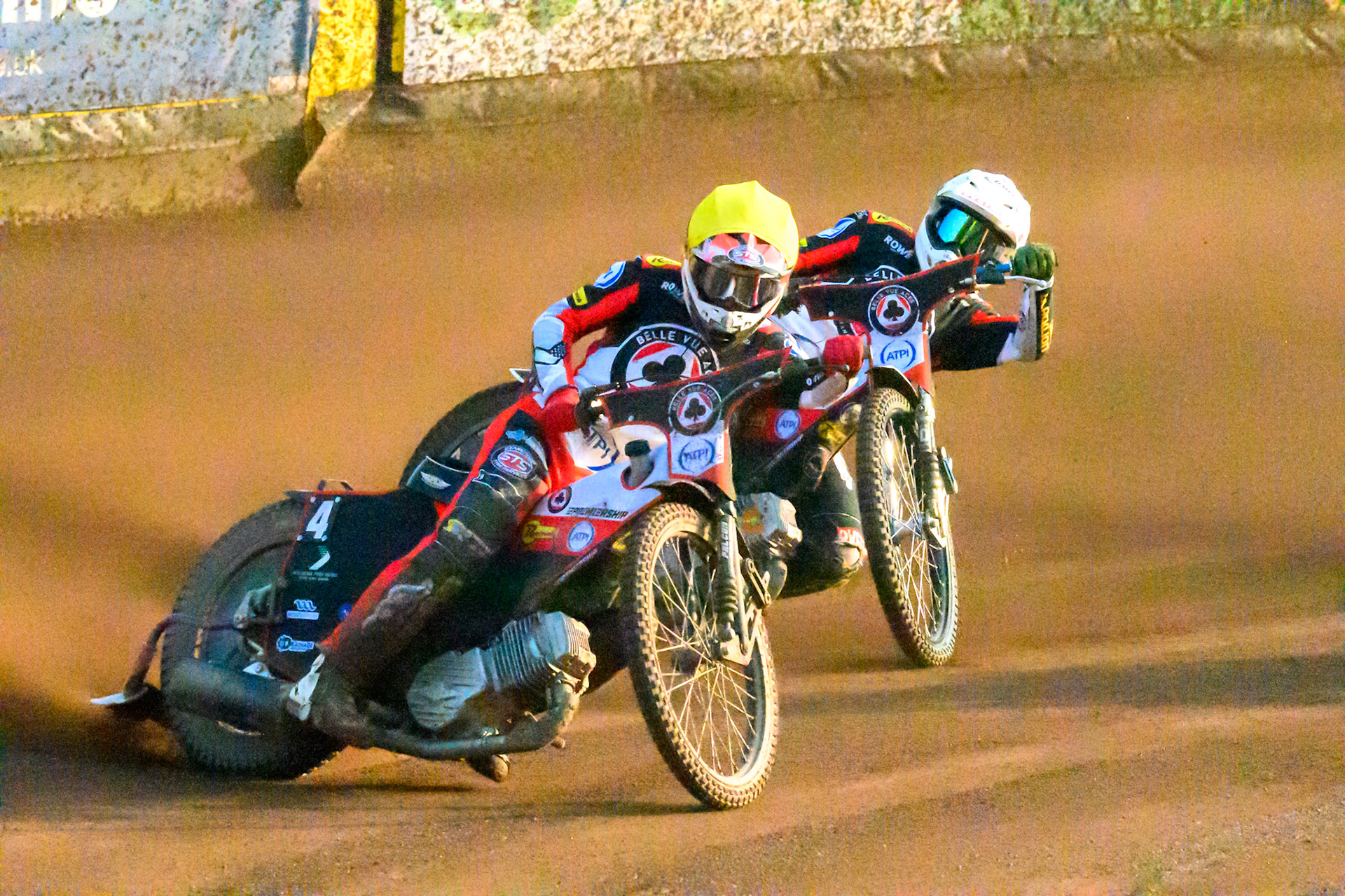 Zach Cook of Belle Vue Aces  in Yellow leading team mate Peter Kildemand of Belle Vue Aces in White during the Rowe Motor Oil Premiership match between Leicester Lions and Belle Vue Aces at the Hydroscan Arena, Leicester on Thursday 23rd July 2026. (Photo: Ian Charles | MI News)