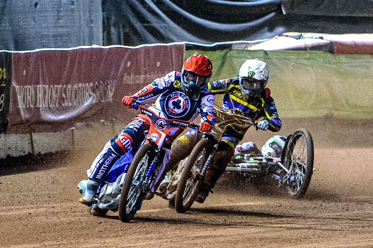 Jack Holder  (White) collides with Charles Wright  (Blue) behind Matej Zagar  (Red) during the SGB Premiership Grand Final 1st leg between Belle Vue Aces and Sheffield Tigers at the National Speedway Stadium, Manchester on Monday 10th October 2022. (Credit: Ian Charles | MI News)