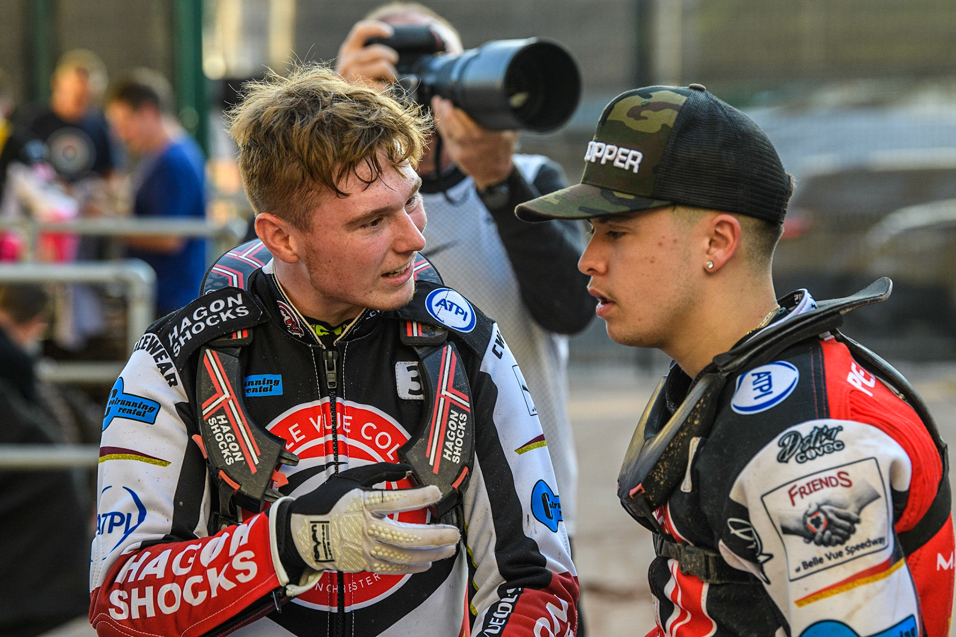 Sam Hagon (left) chats with James Pearson during the National Development League match between Belle Vue Colts and Kent Royals at the National Speedway Stadium, Manchester on Friday 7th July 2023. (Photo: Ian Charles | MI News)