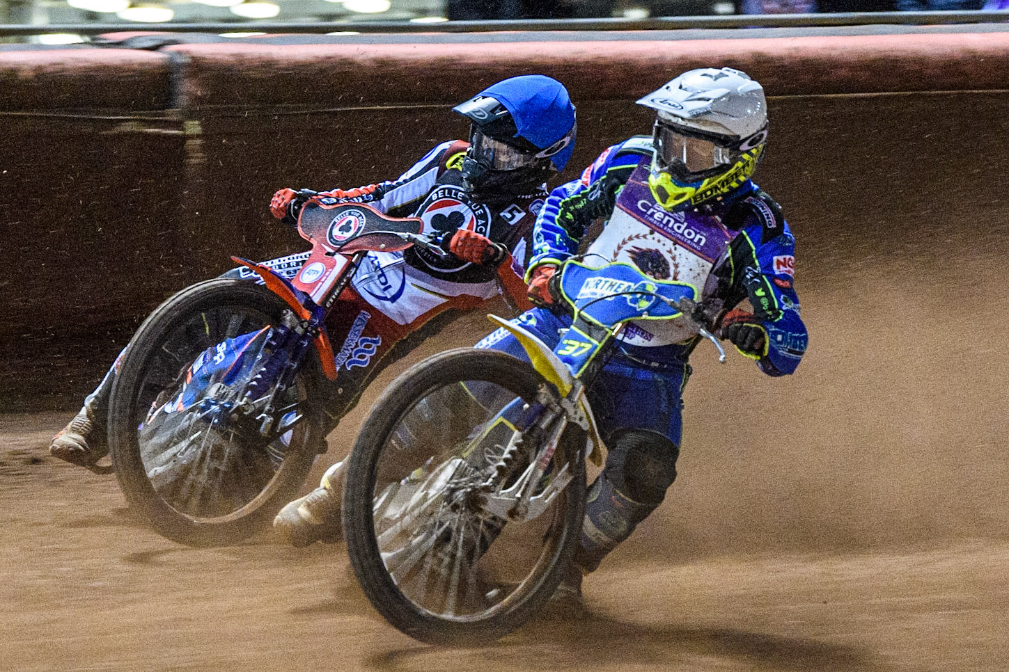 Chris Harris   (White) holds out Brady Kurtz  (Blue) during the SGB Premiership match between Belle Vue Aces and Peterborough at the National Speedway Stadium, Manchester on Monday 24th April 2023. (Photo: Ian Charles | MI News)