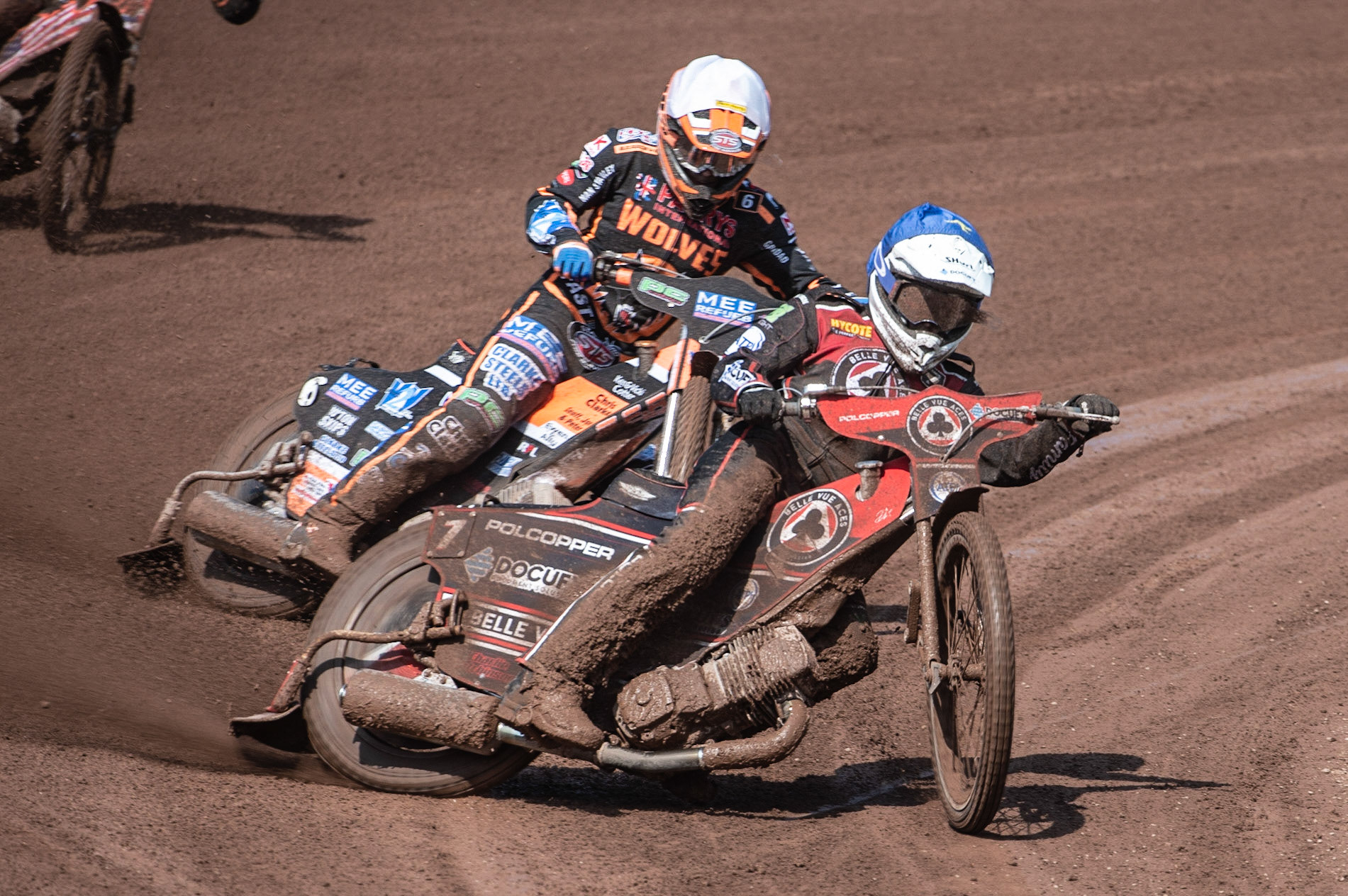 Photo by Ian Charles:

Jaimon Lidsey (Blue) leads Ashley Morris  (White)

Belle Vue Aces v Wolverhampton Wolves, National Speedway Stadium, Manchester, Monday, 22, April, 2019
