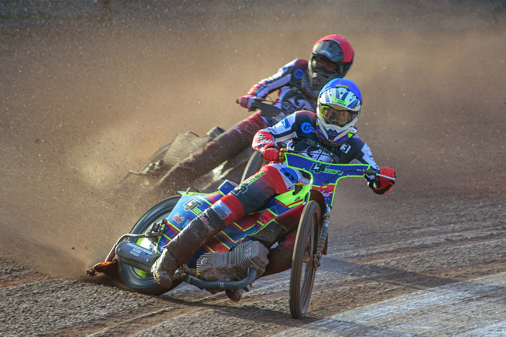 MANCHESTER, UK. MAY 27TH  Nathan Ablitt  (Blue) leads Harry McGurk  (Red)  during the National Development League match between Belle Vue Colts and Armadale Devils at the National Speedway Stadium, Manchester on Friday 27th May 2022. (Credit: Ian Charles | MI News)